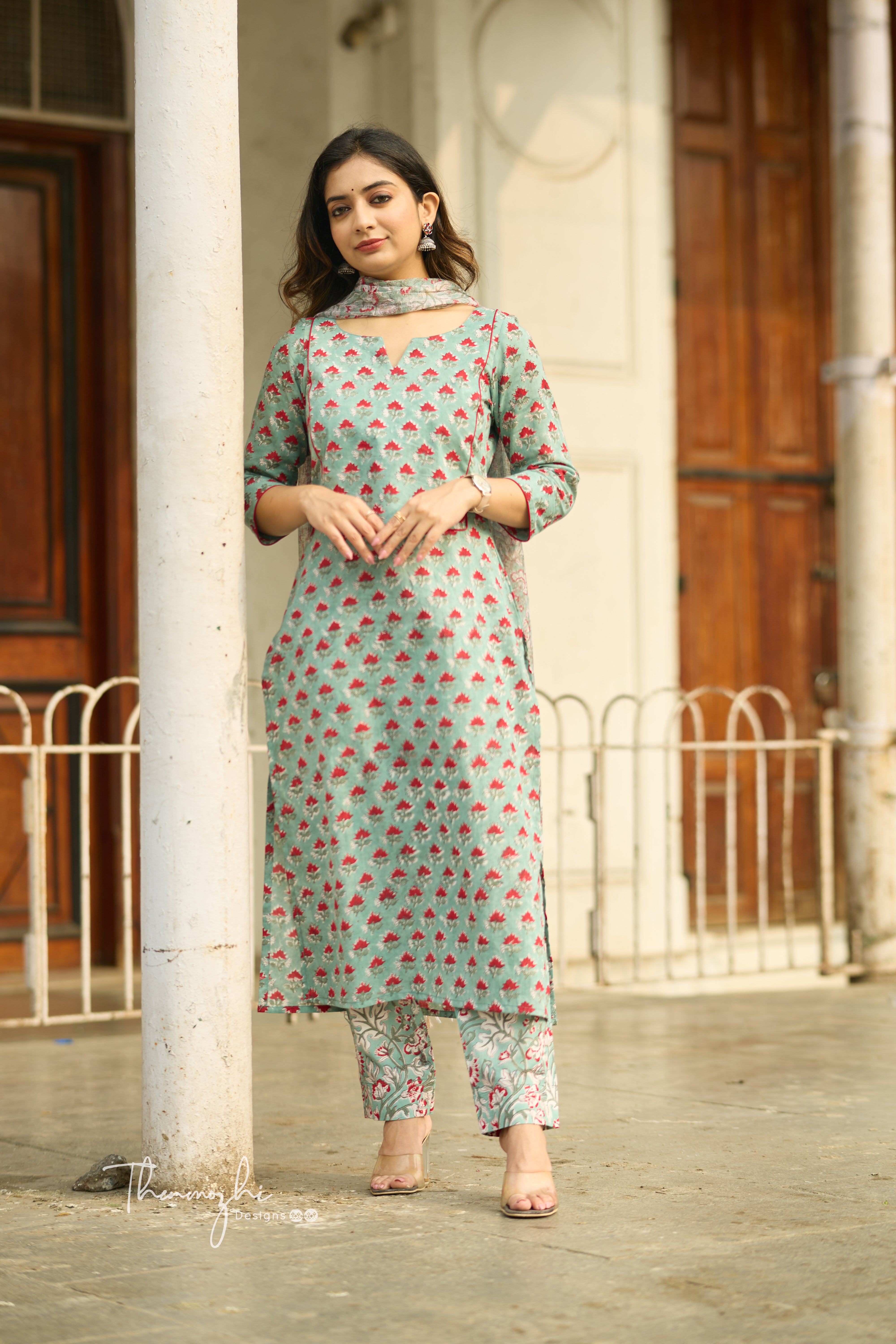 Pastel Green - Cotton Suit Set with Kota Dupatta