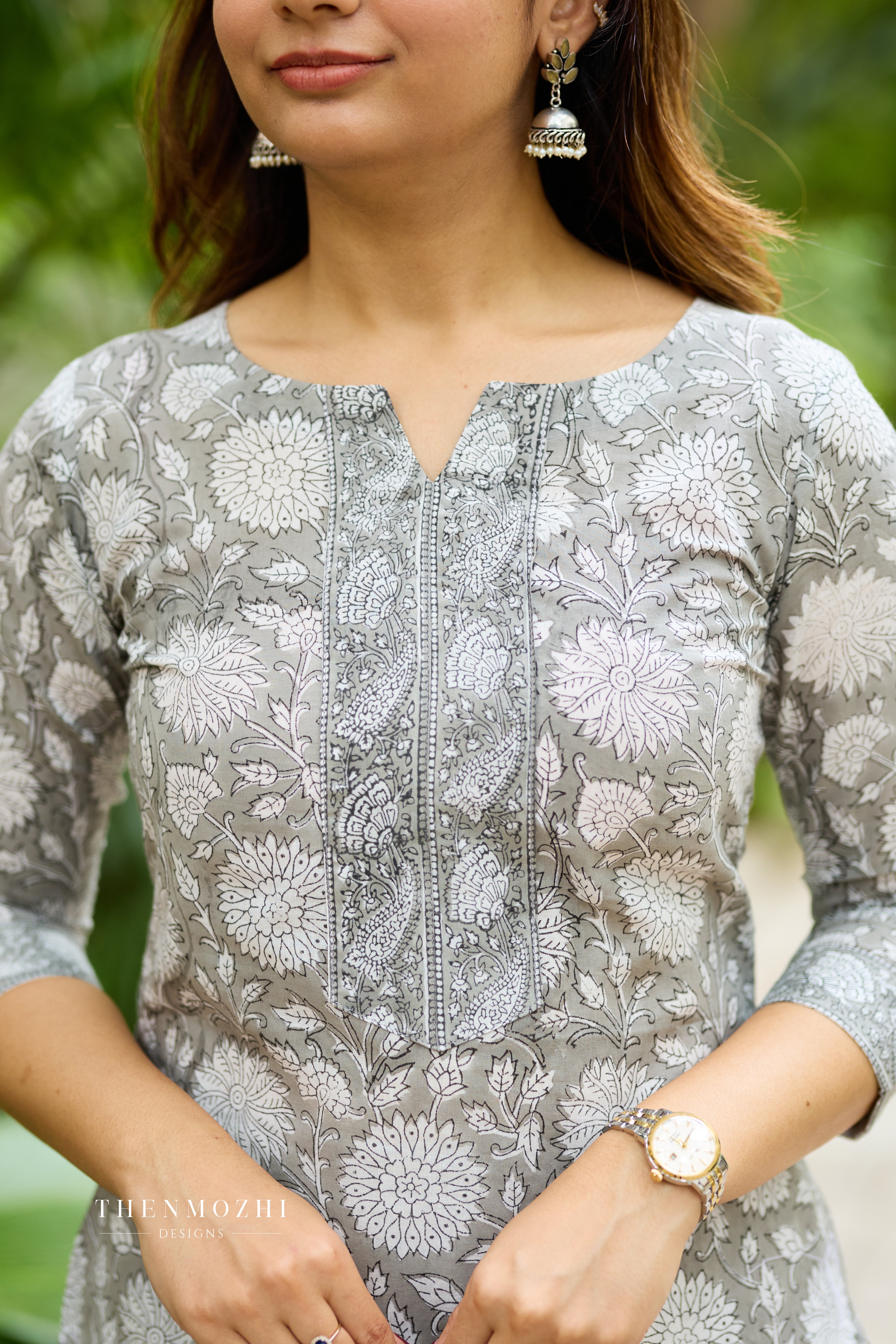 Ash Grey Cotton Suit Set with Kota Dupatta