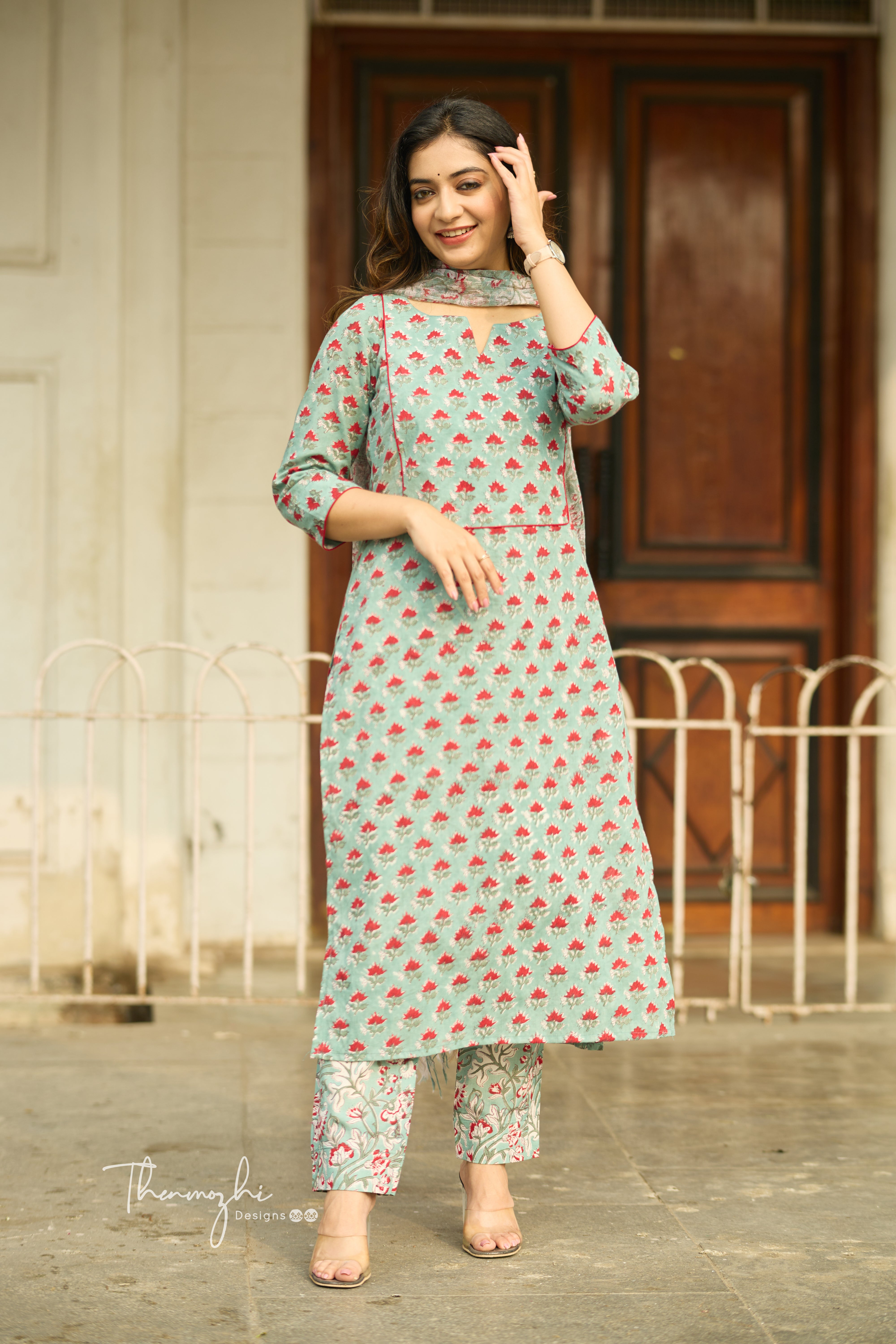 Pastel Green - Cotton Suit Set with Kota Dupatta