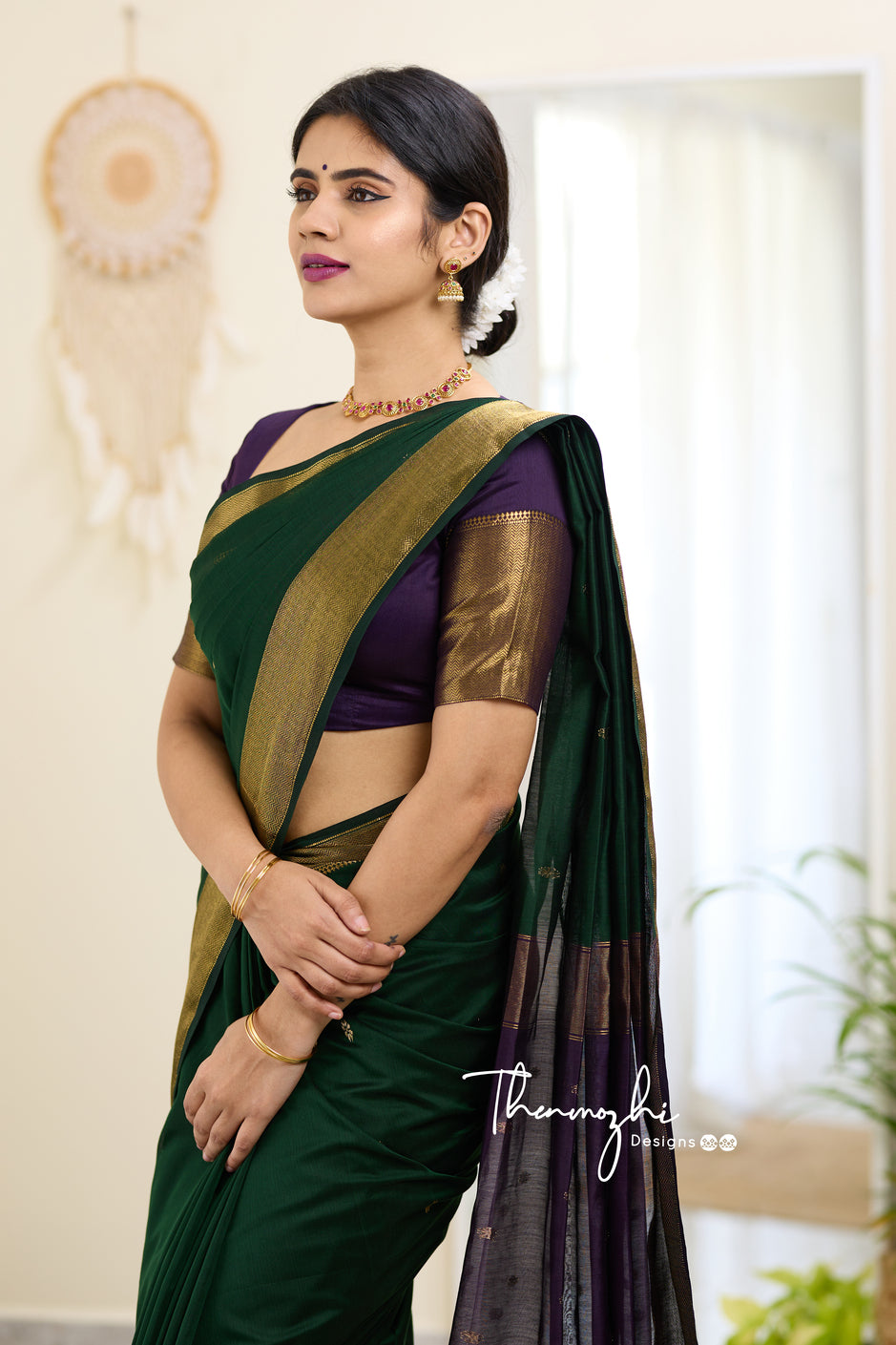 Green and Purple (Big Border) Maheshwari Silk Handloom Cotton Saree