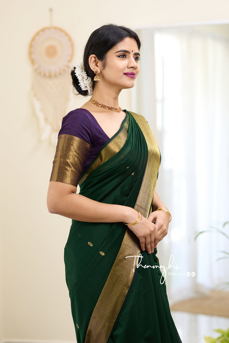 Green and Purple (Big Border) Maheshwari Silk Handloom Cotton Saree