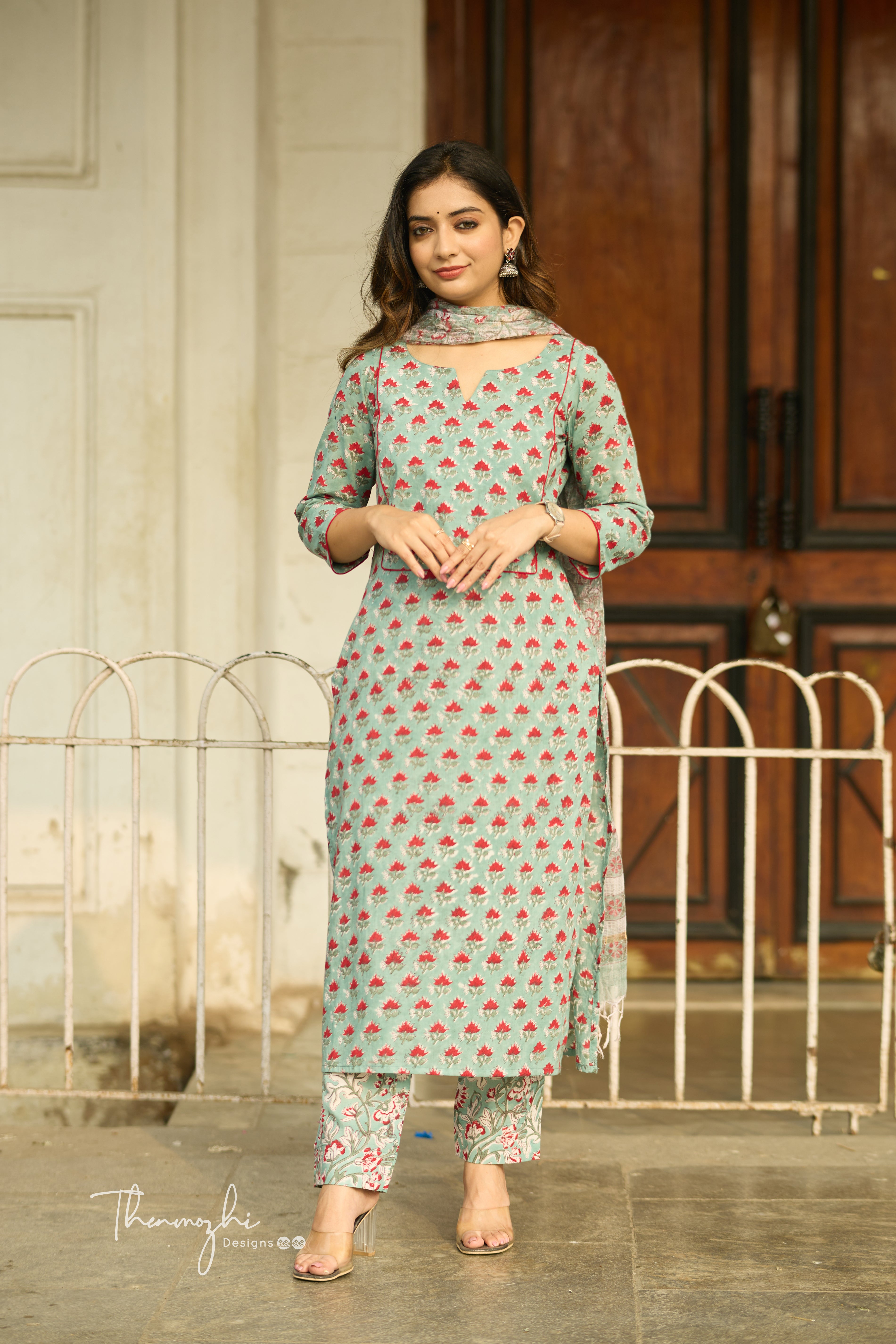 Pastel Green - Cotton Suit Set with Kota Dupatta