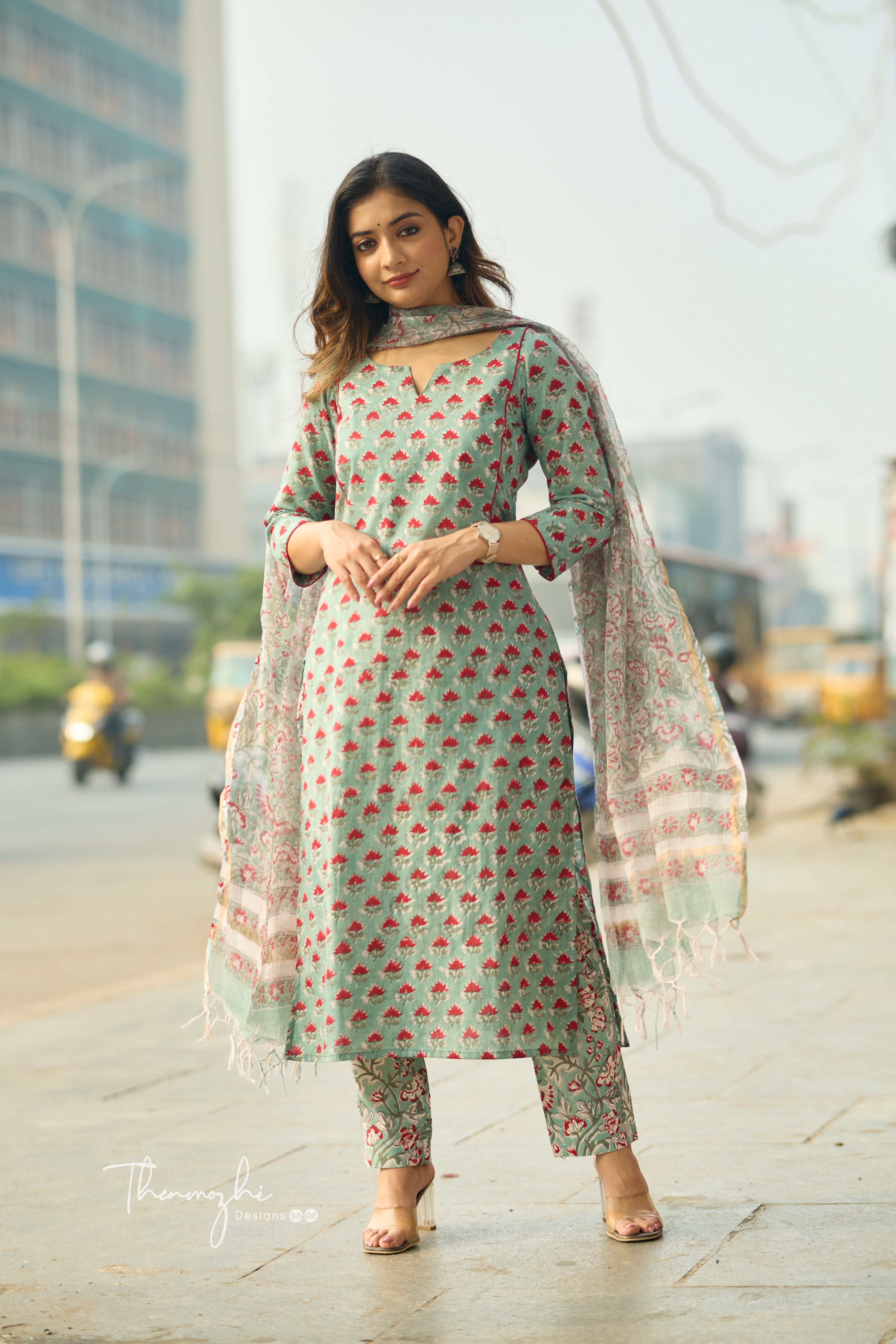 Pastel Green - Cotton Suit Set with Kota Dupatta