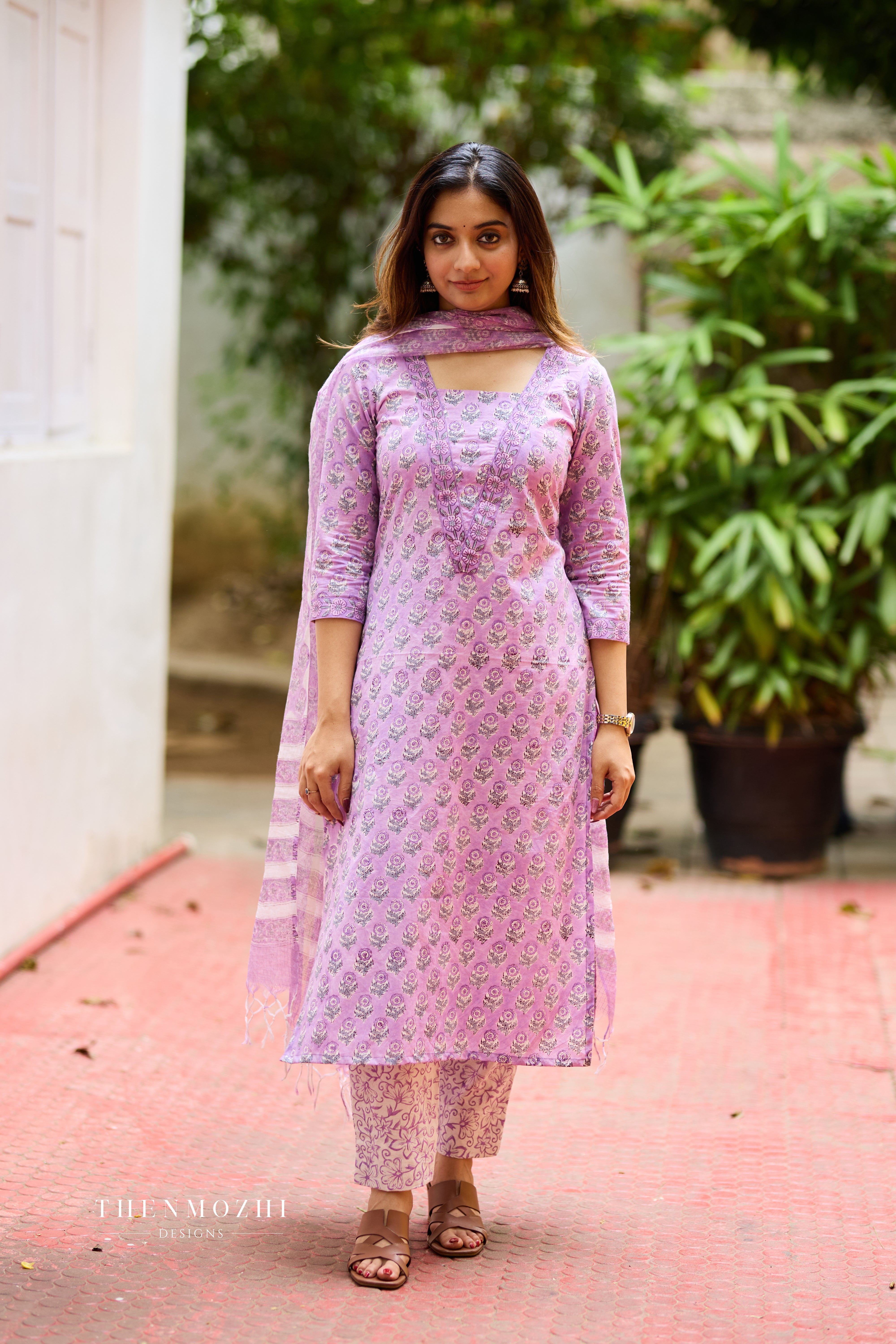 Lavendar Violet Cotton Suit Set with Kota Dupatta