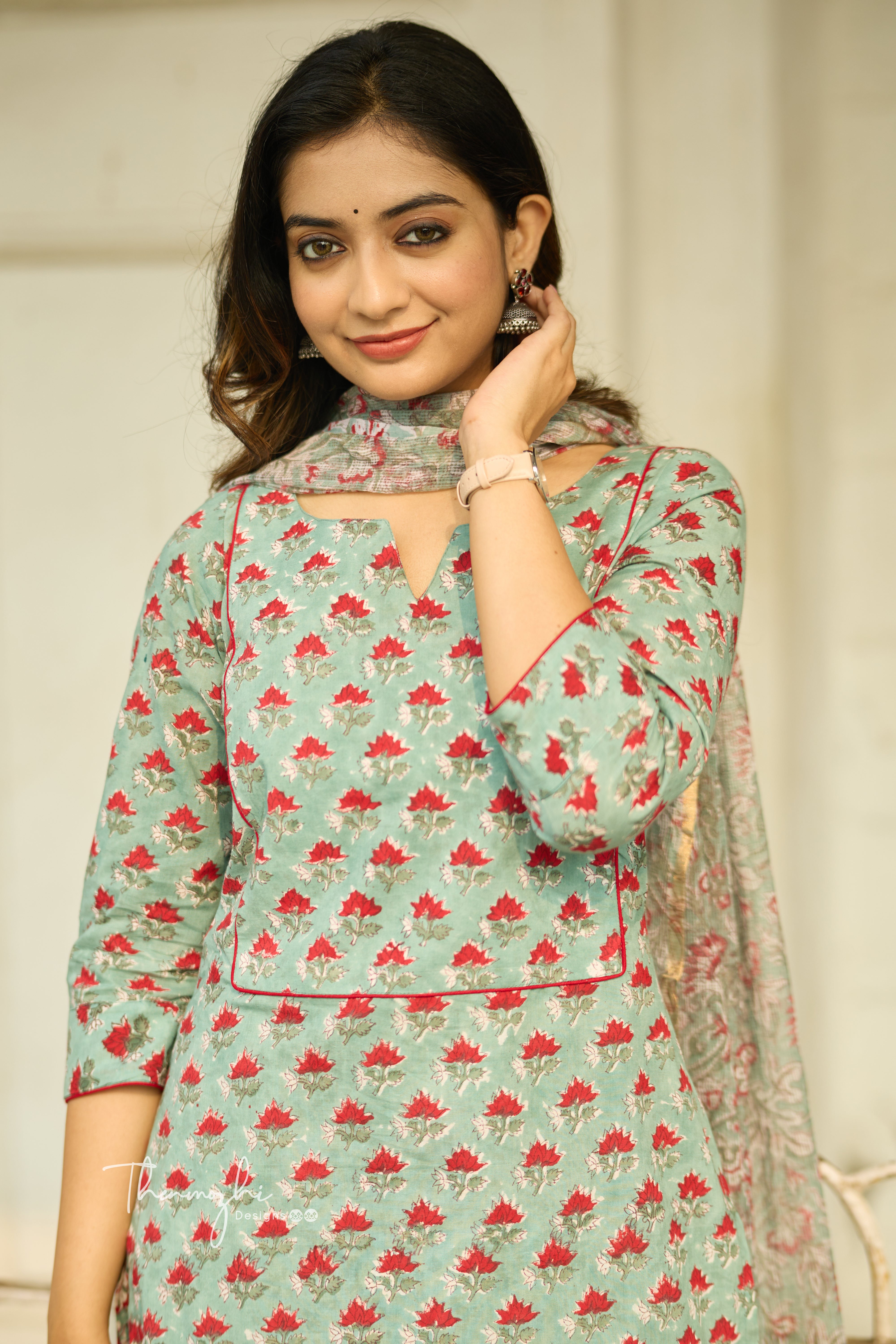 Pastel Green - Cotton Suit Set with Kota Dupatta
