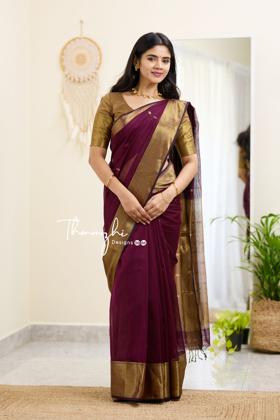 Wine and Beige (Big Border) Maheshwari Silk Cotton Handloom Saree