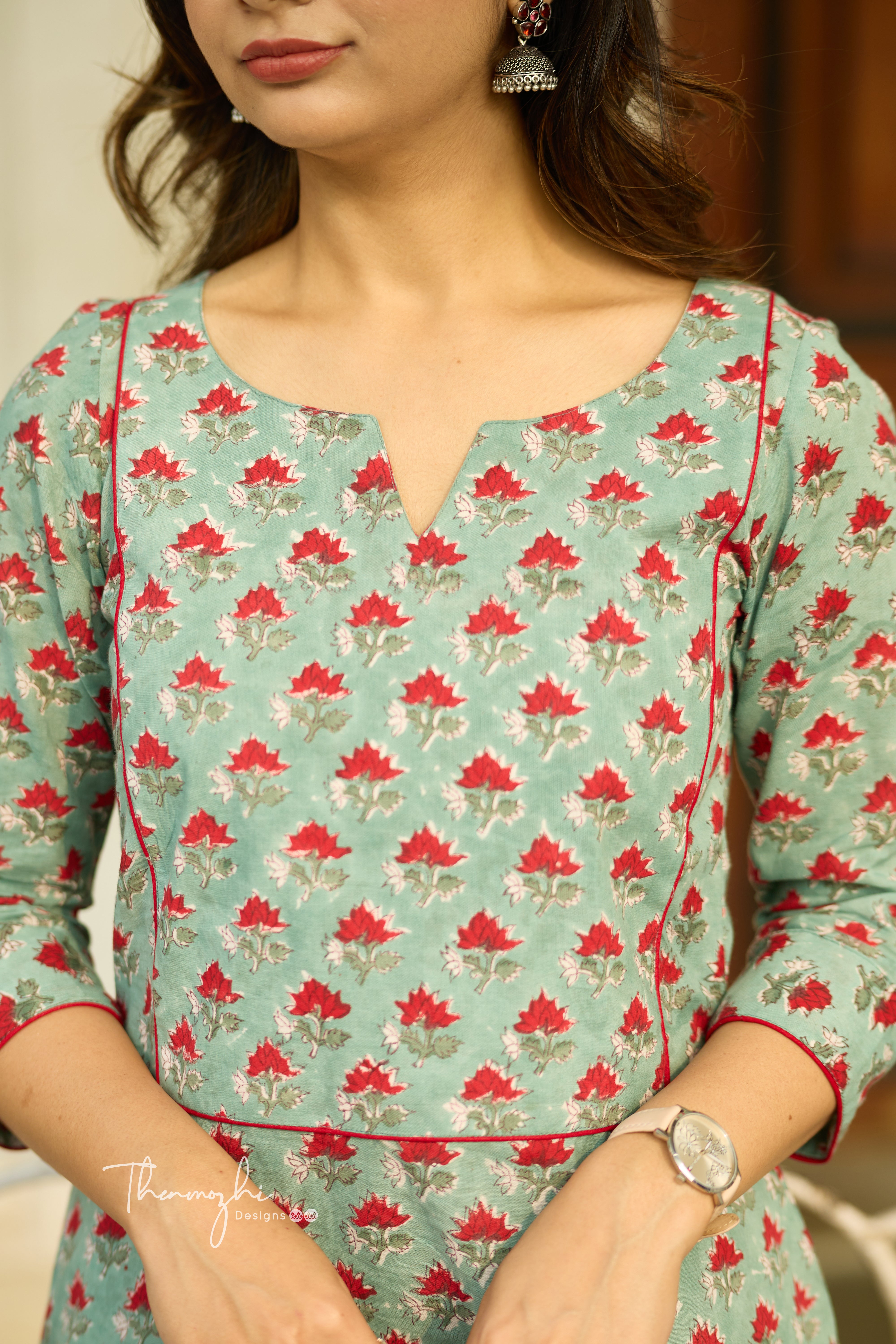 Pastel Green - Cotton Suit Set with Kota Dupatta