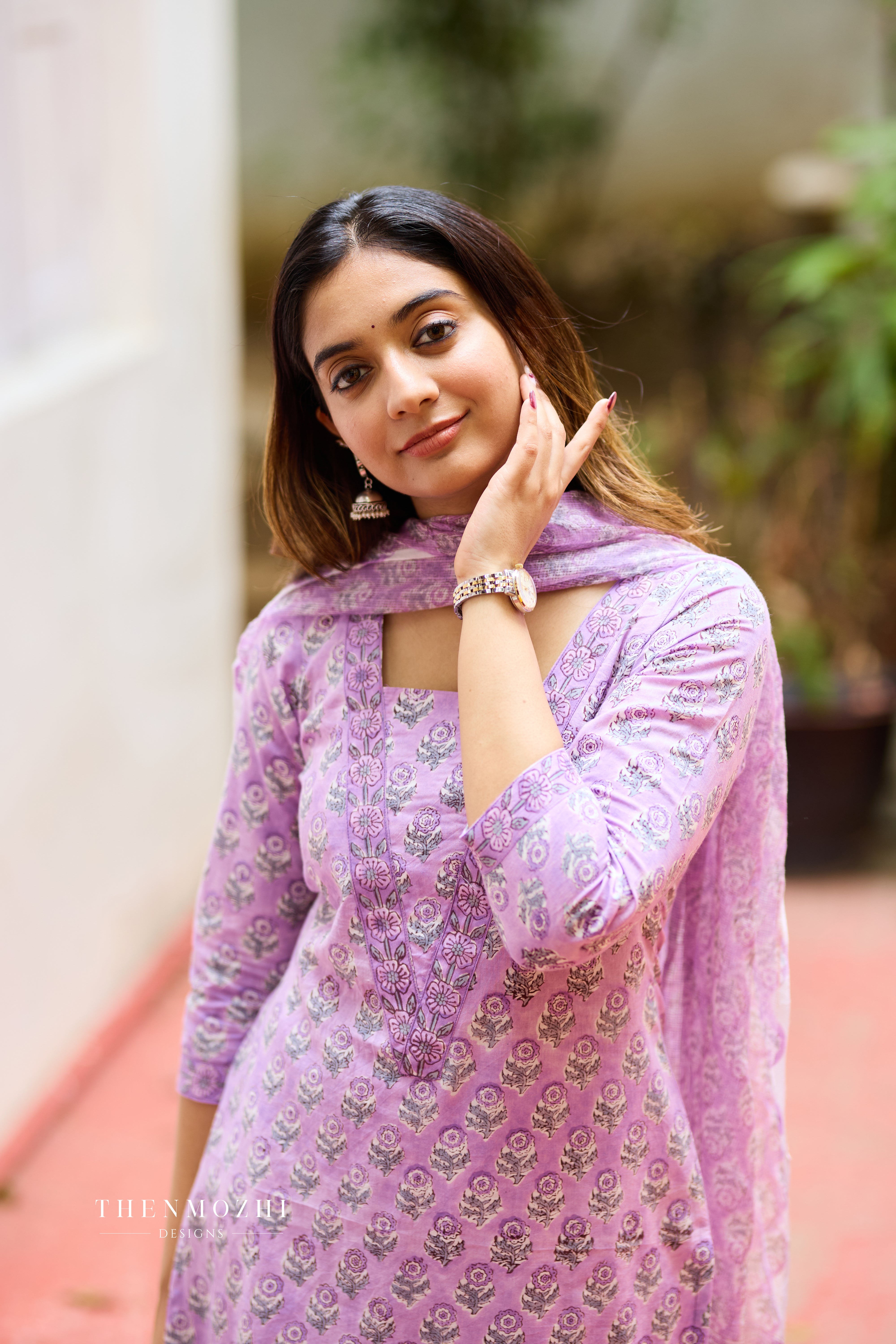 Lavendar Violet Cotton Suit Set with Kota Dupatta