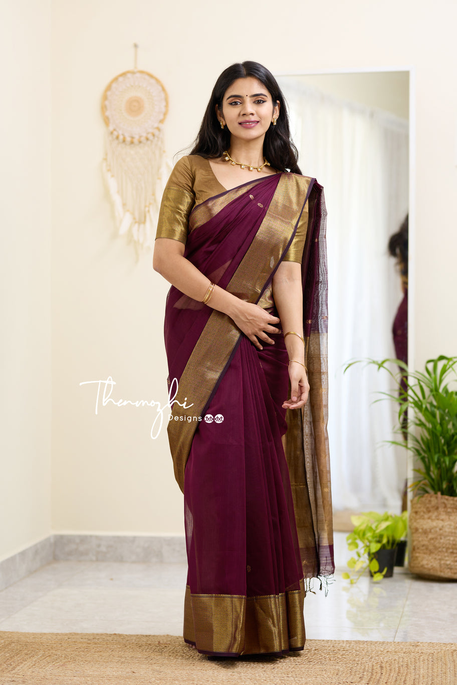 Wine and Beige (Big Border) Maheshwari Silk Cotton Handloom Saree
