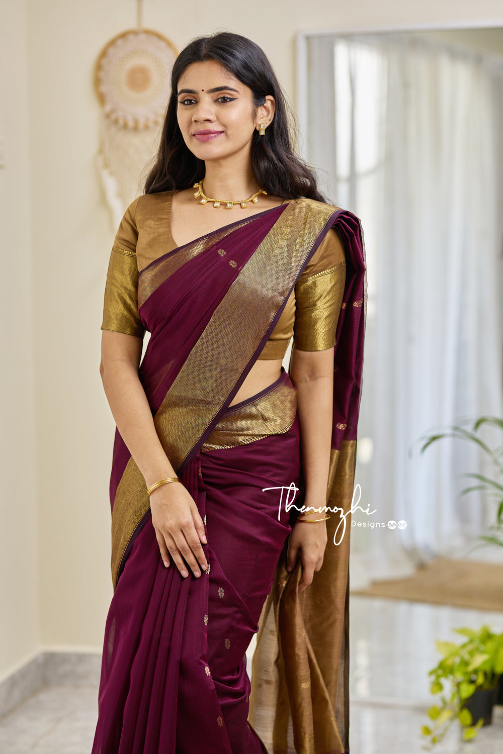 Wine and Beige (Big Border) Maheshwari Silk Cotton Handloom Saree