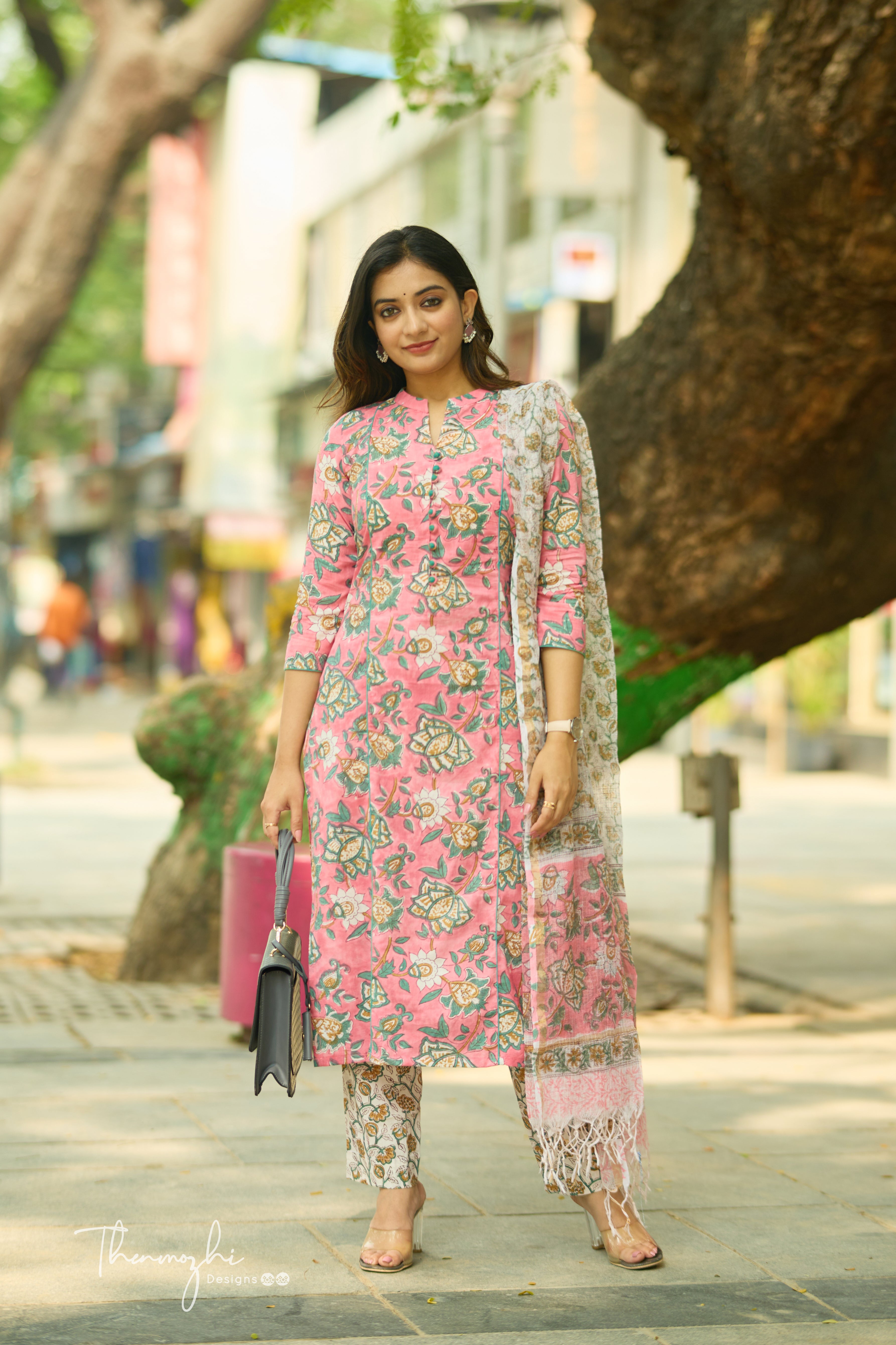 Pink Floral Cotton Suit Set with Kota Dupatta