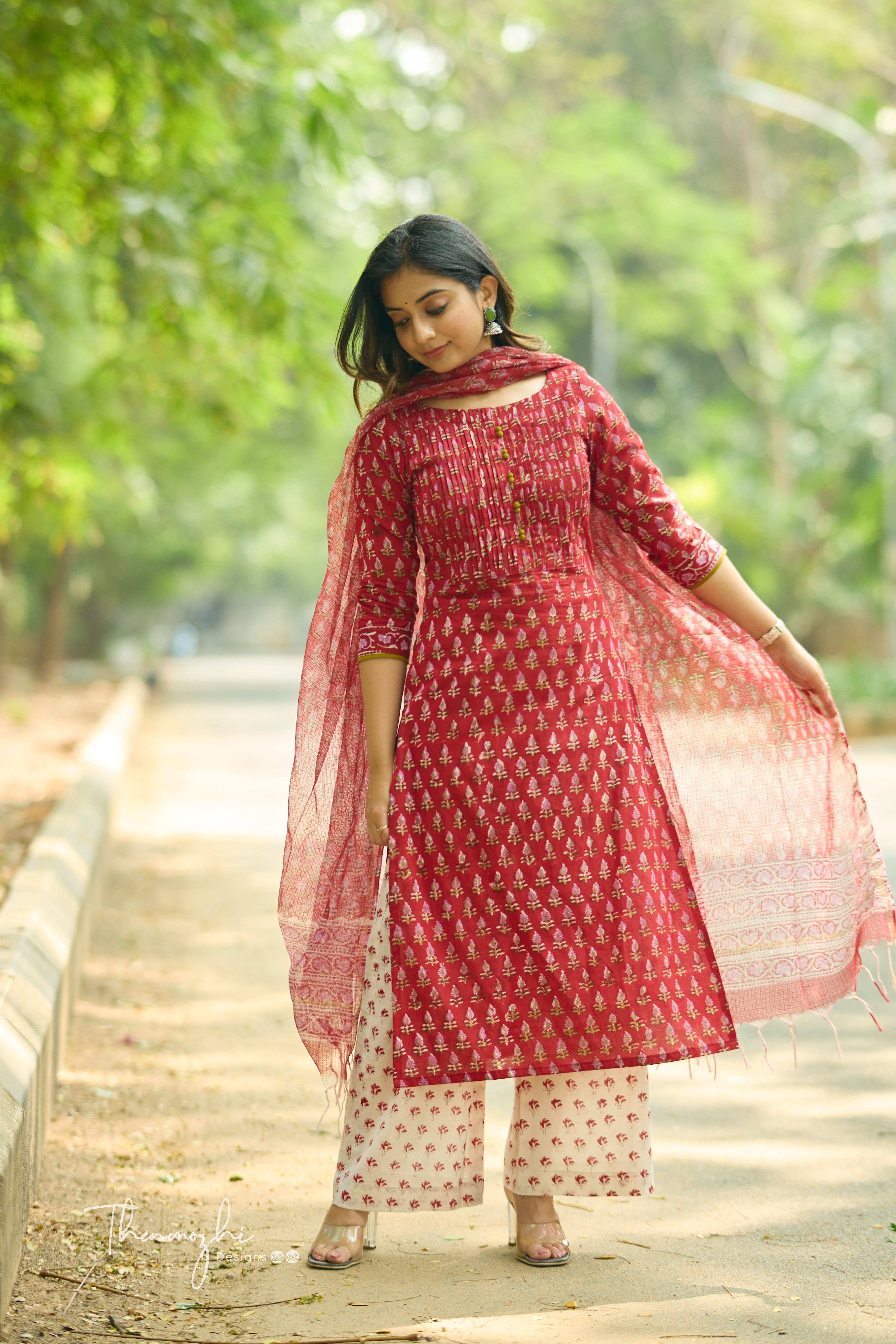 Red - Cotton Suit Set with Kota Dupatta