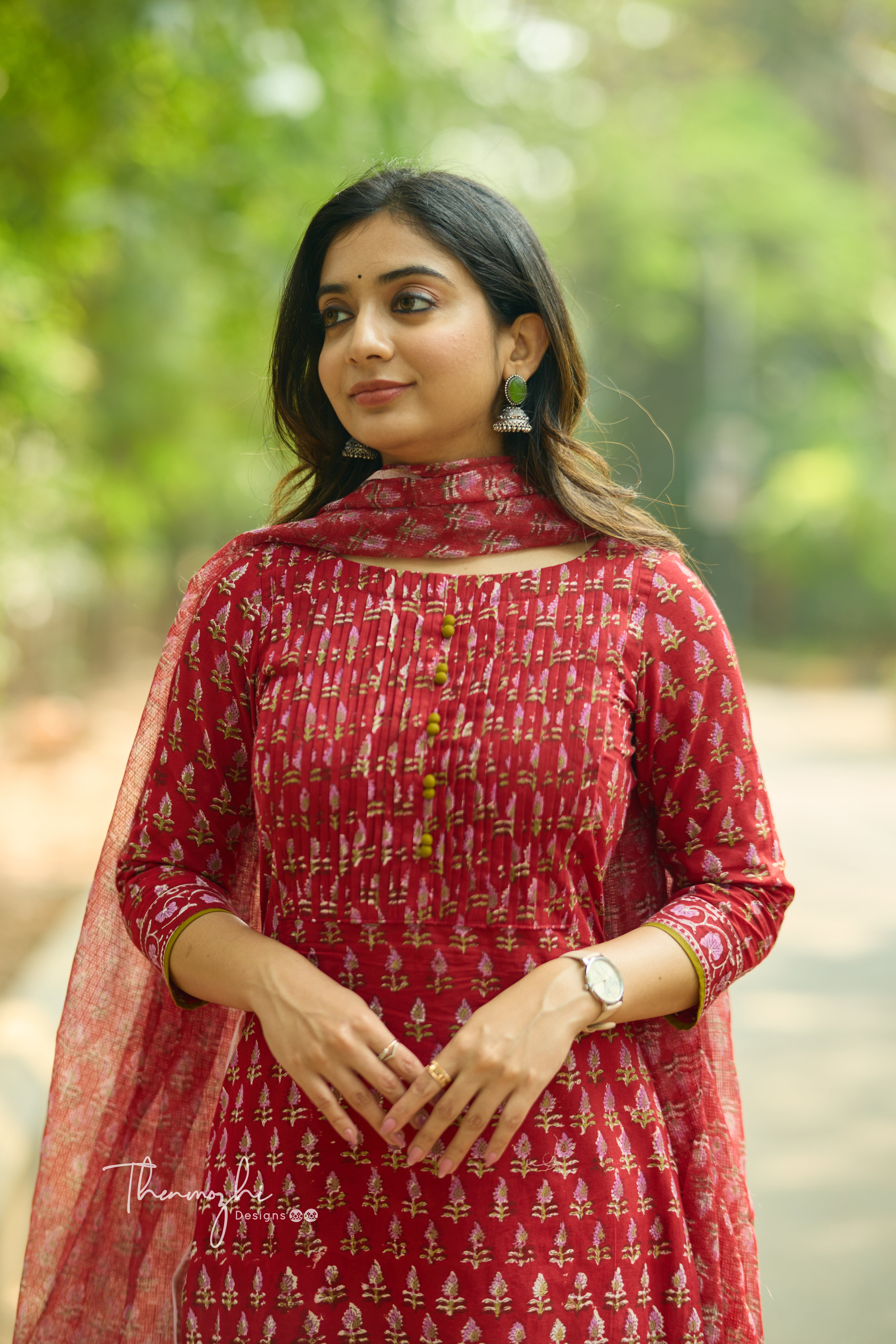 Red - Cotton Suit Set with Kota Dupatta