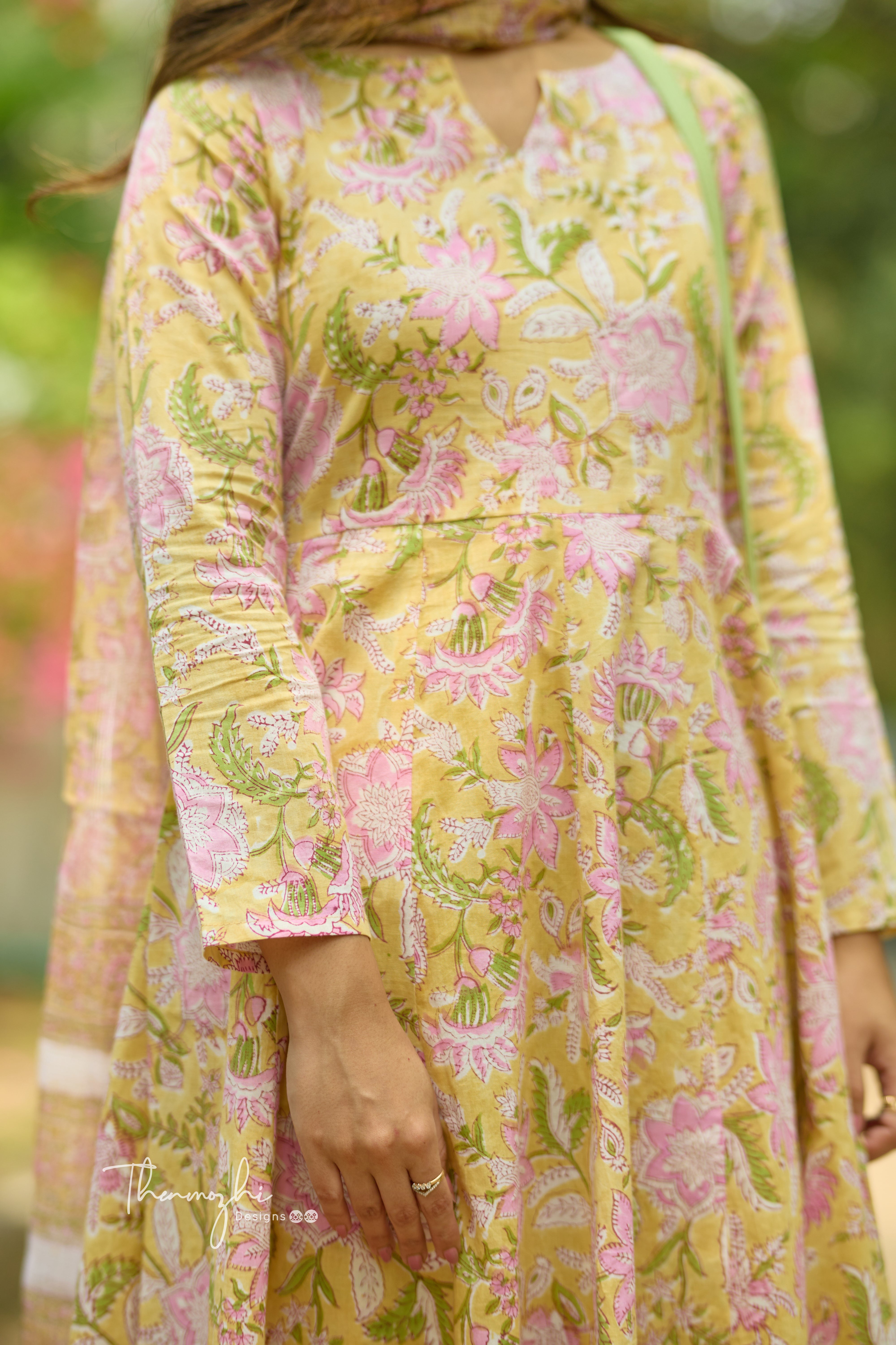 Pastel Yellow Anarkali - Cotton Suit Set with Kota Dupatta