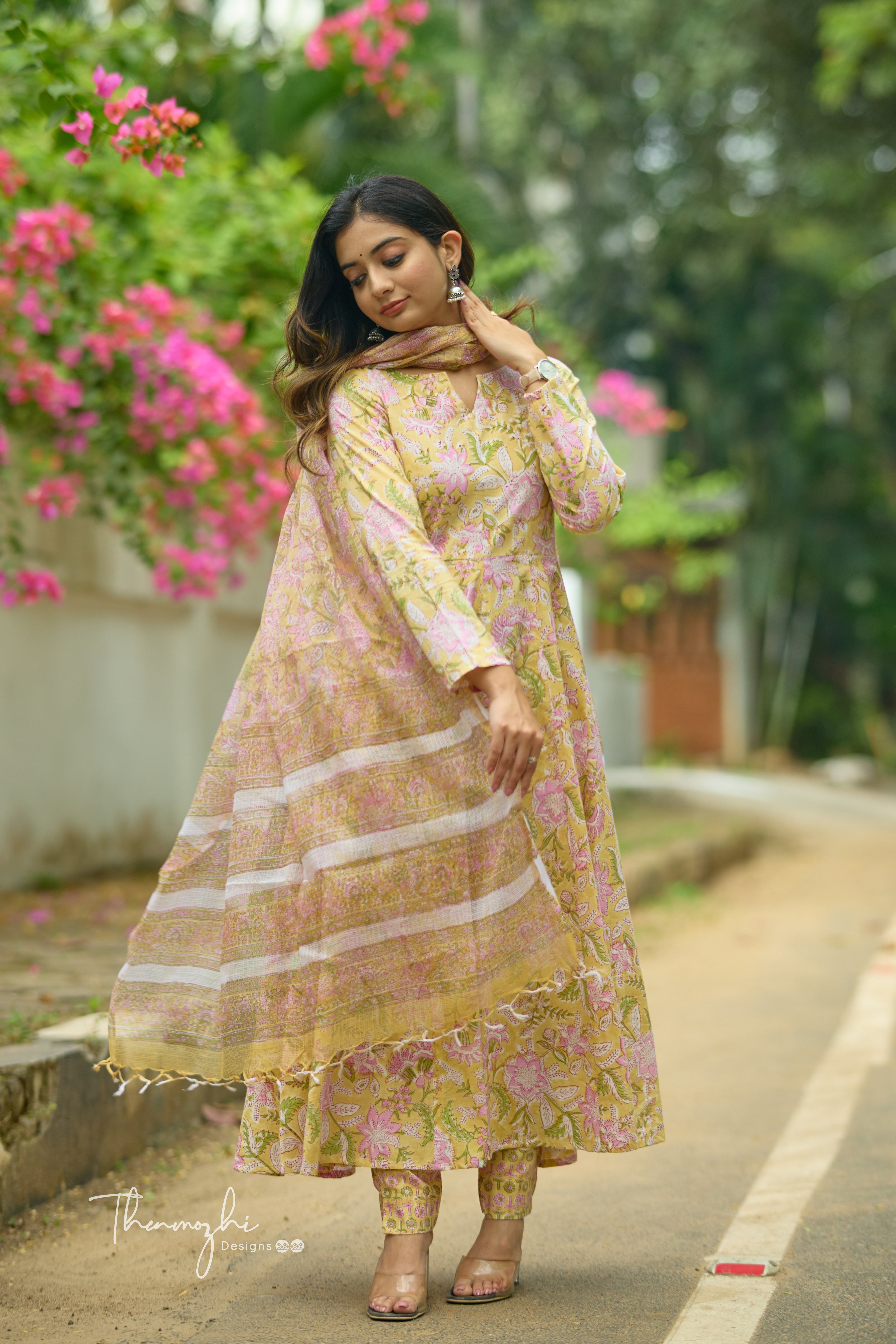 Pastel Yellow Anarkali - Cotton Suit Set with Kota Dupatta