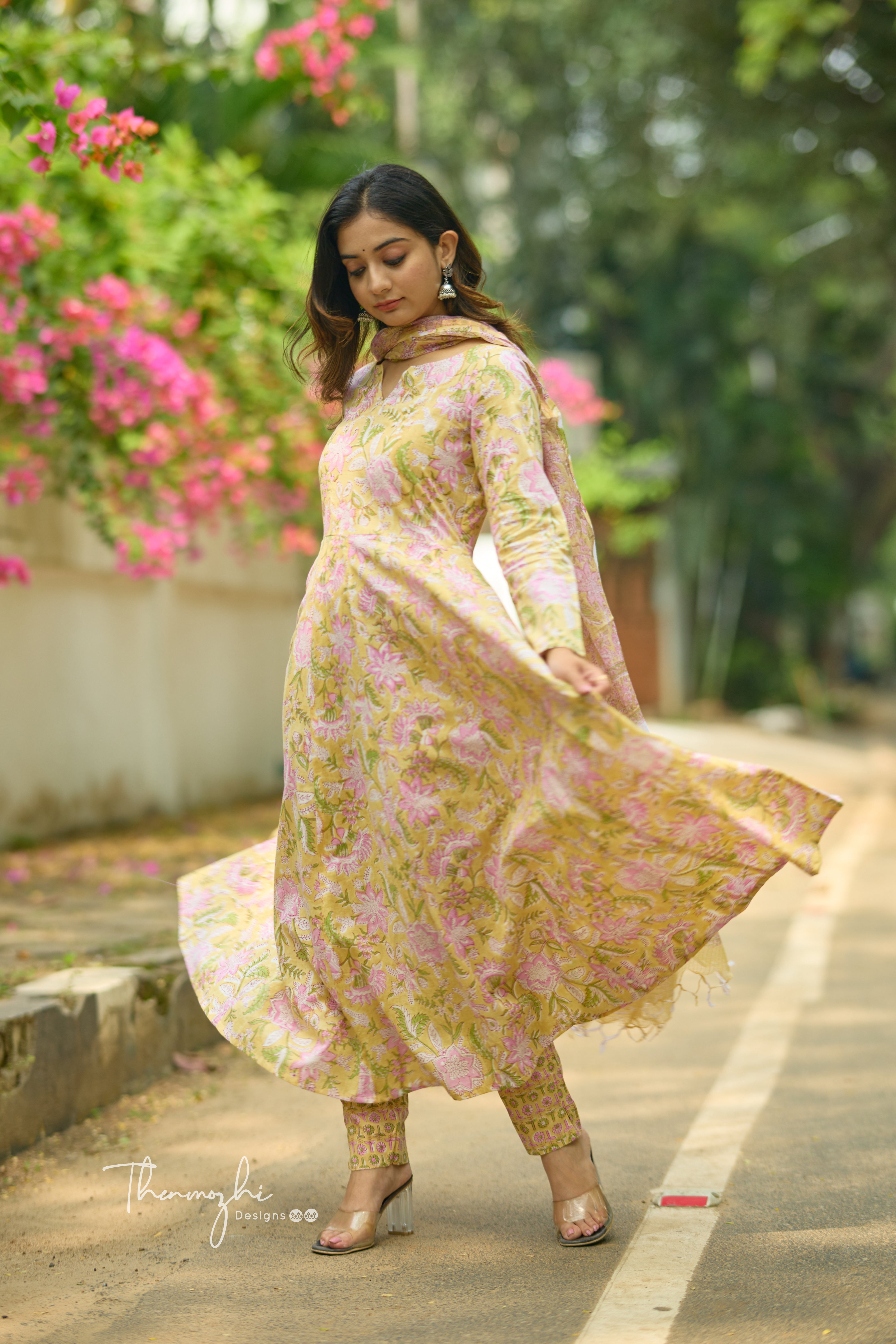 Pastel Yellow Anarkali - Cotton Suit Set with Kota Dupatta