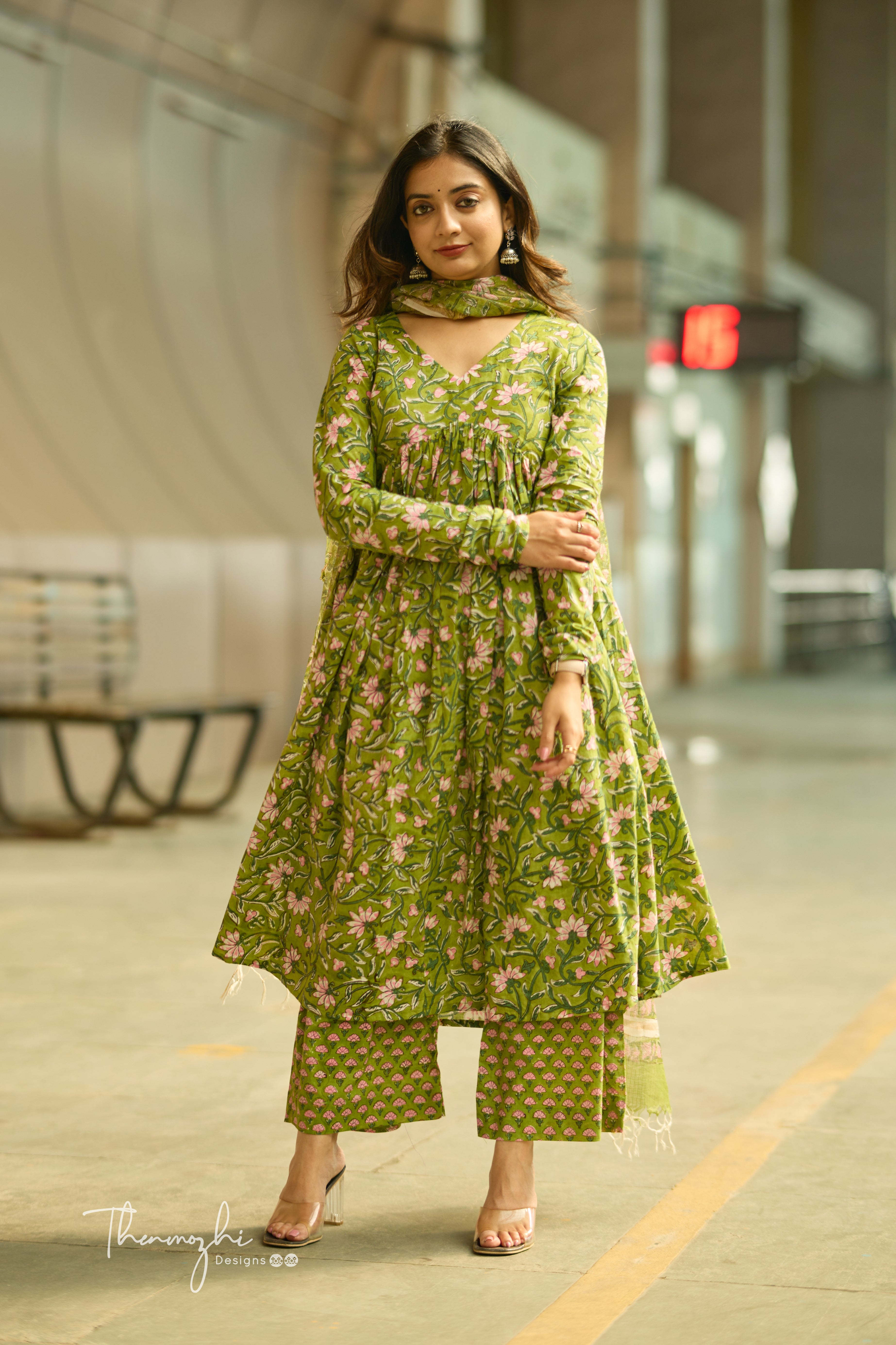 Light Green Alia Cut - Cotton Suit Set with Kota Dupatta