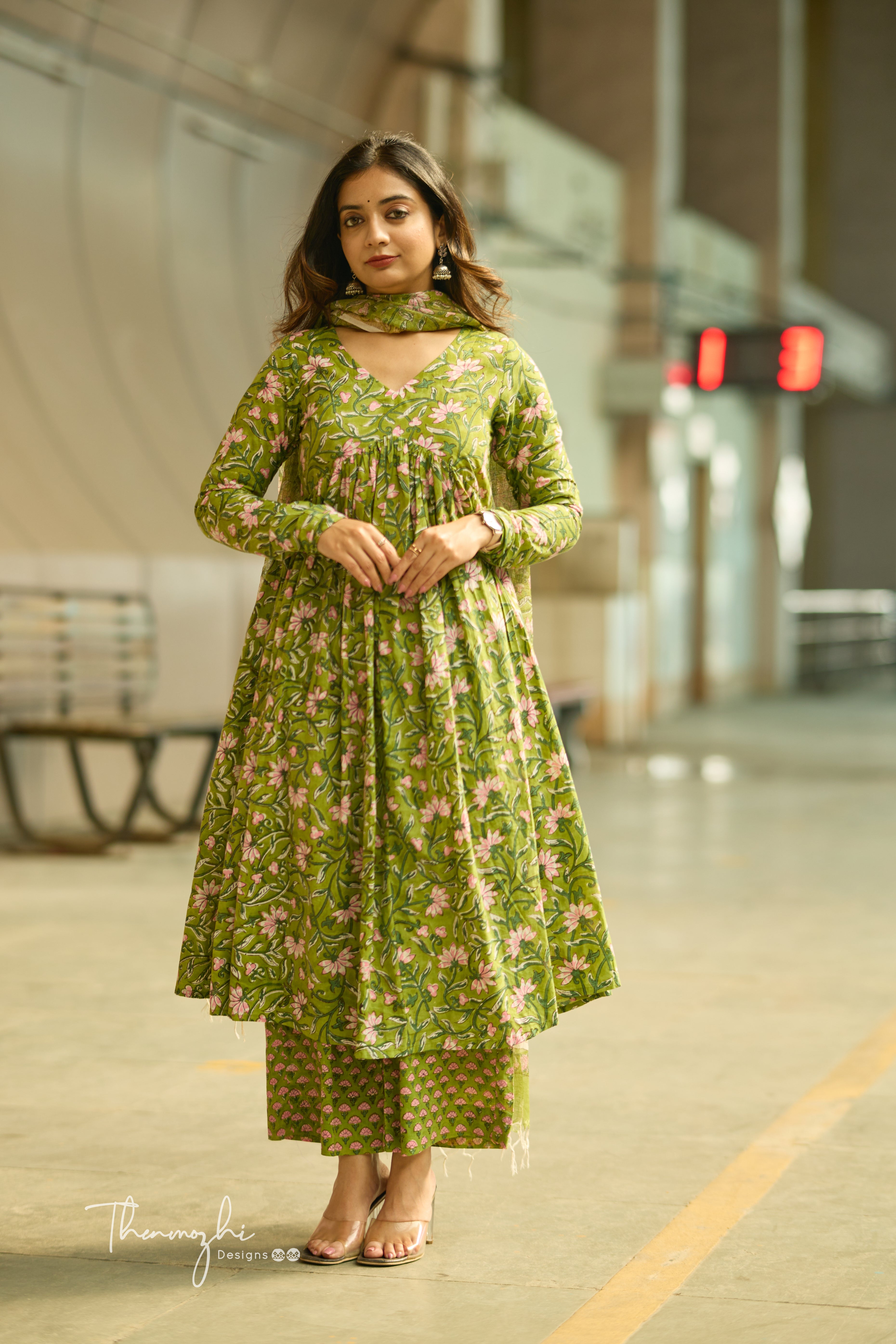 Light Green Alia Cut - Cotton Suit Set with Kota Dupatta