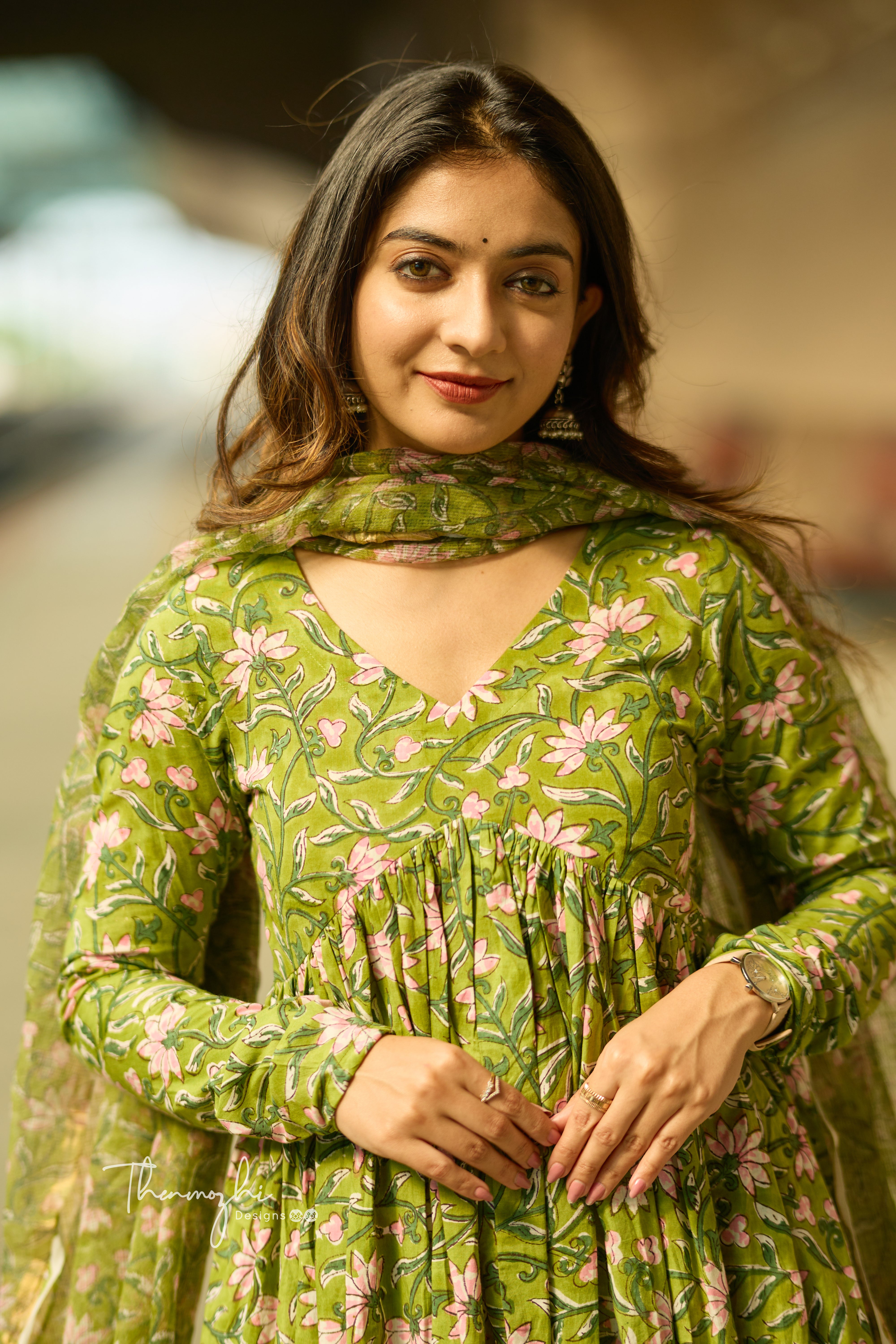 Light Green Alia Cut - Cotton Suit Set with Kota Dupatta