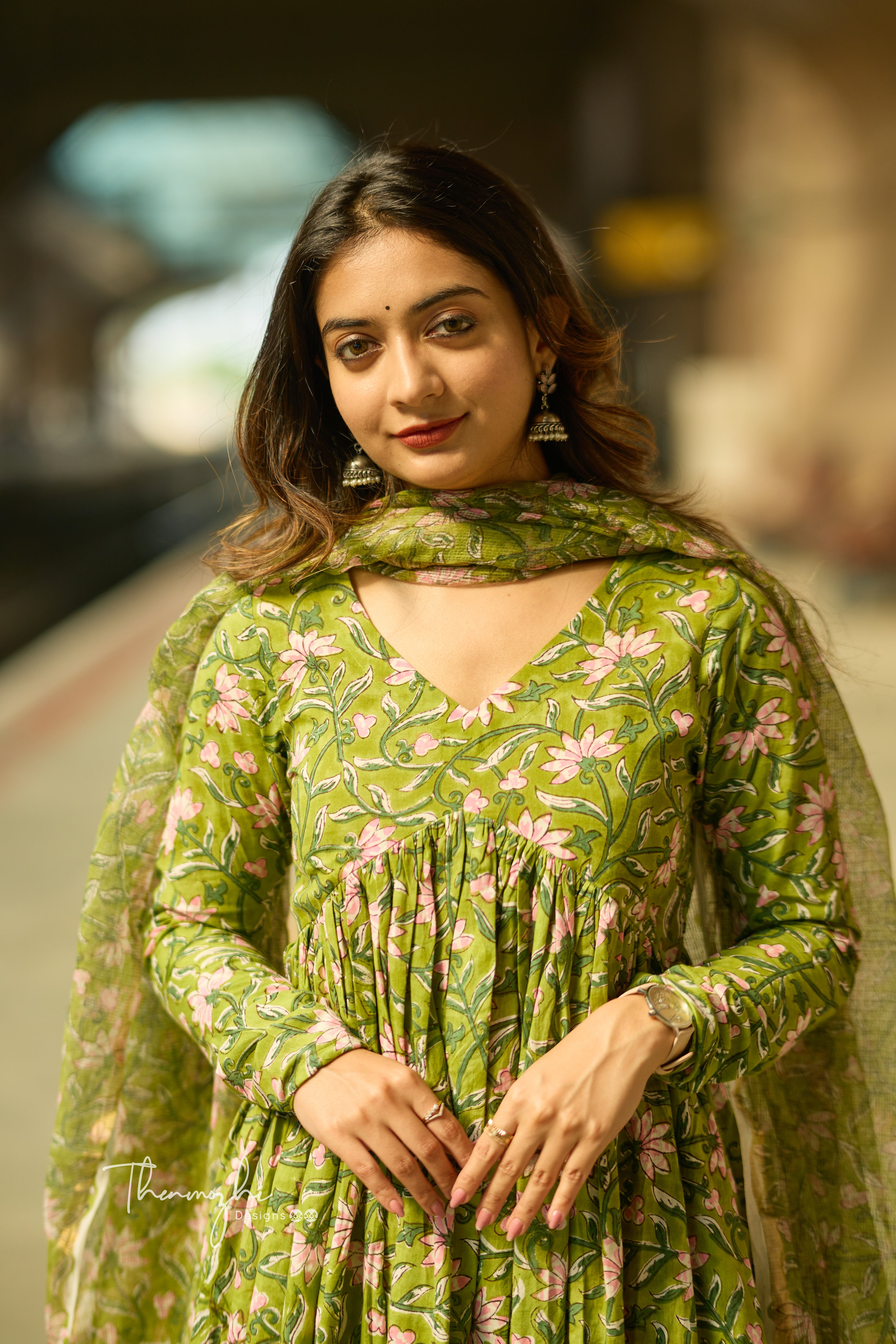 Light Green Alia Cut - Cotton Suit Set with Kota Dupatta