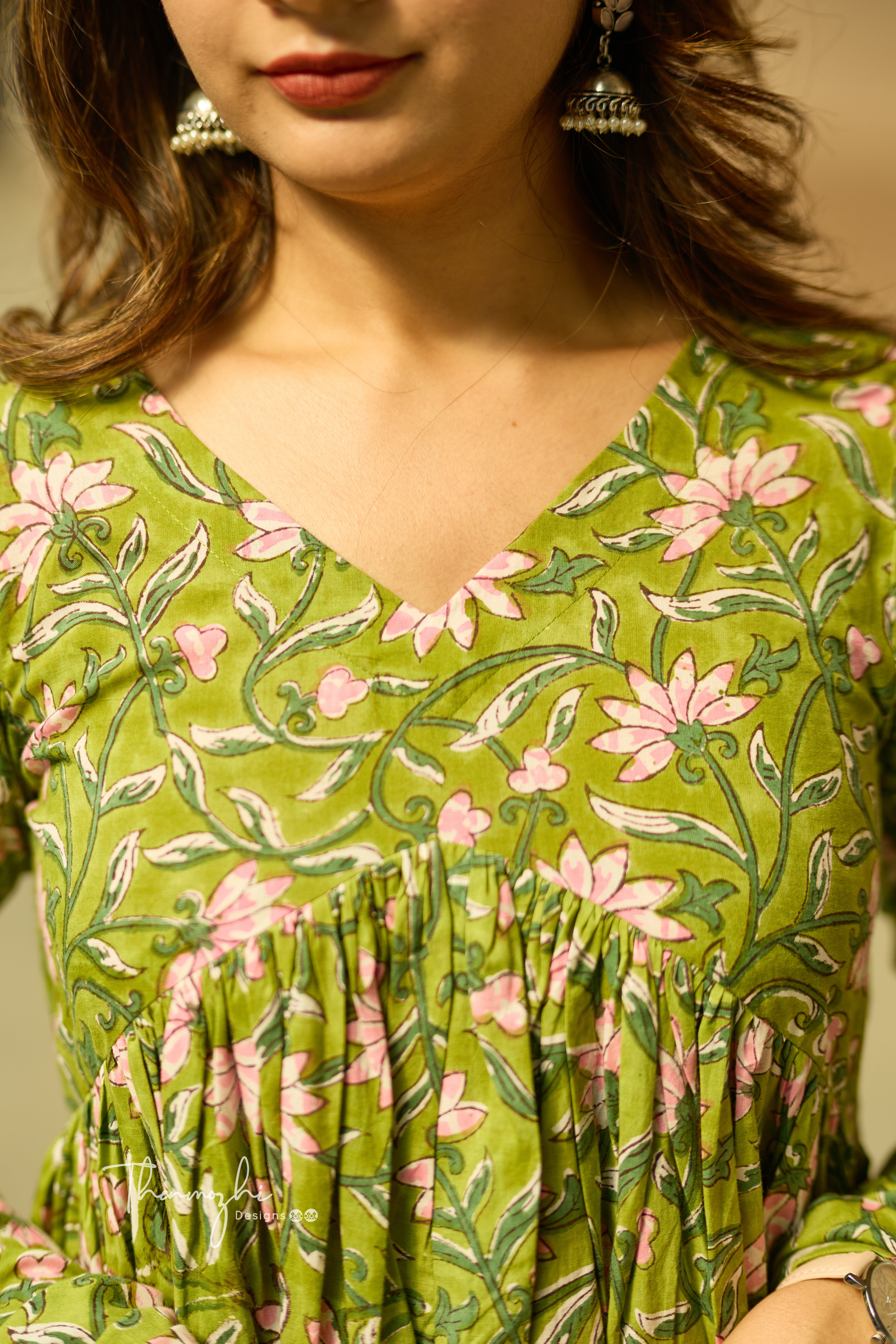 Light Green Alia Cut - Cotton Suit Set with Kota Dupatta