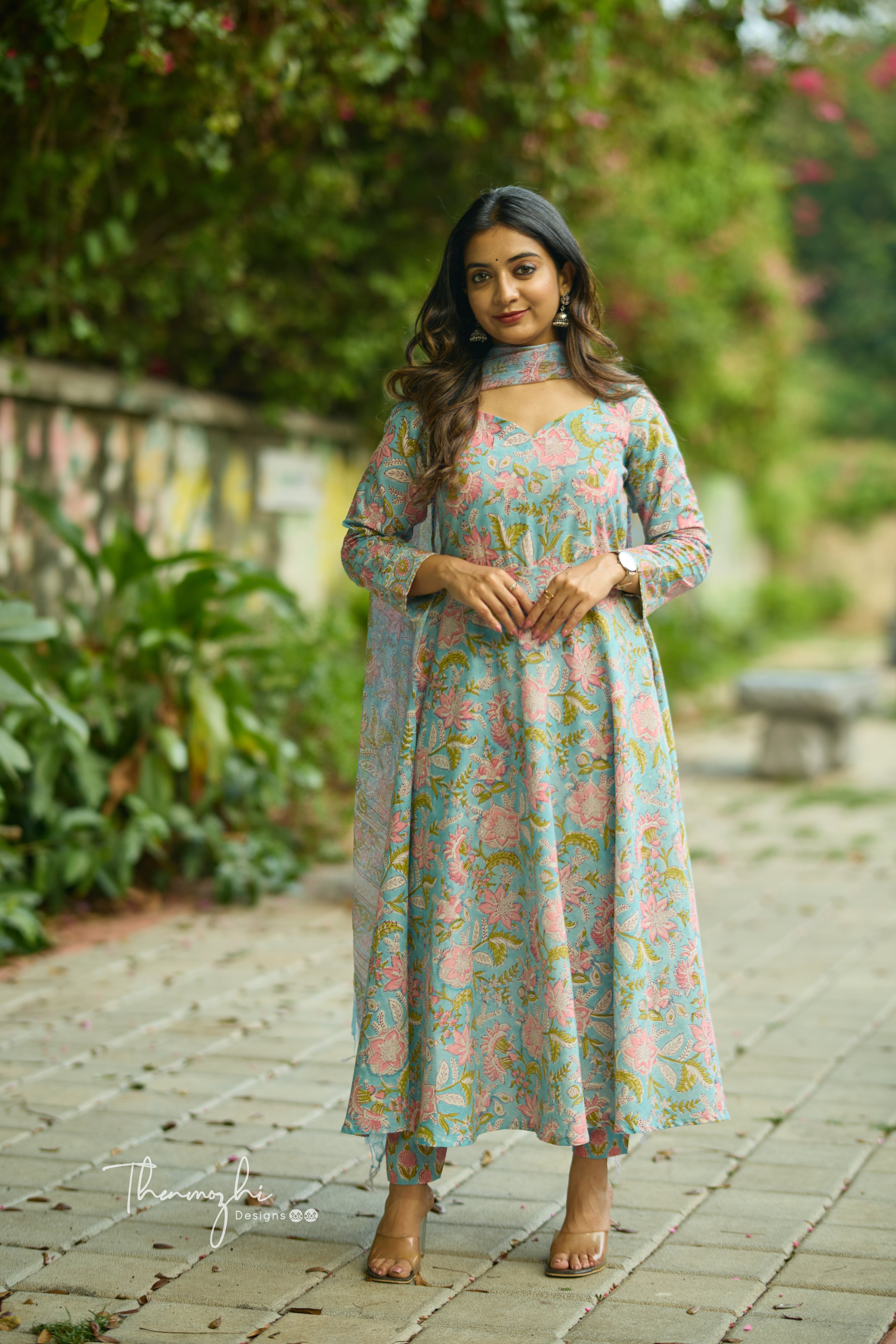 Sky Blue Anarkali - Cotton Suit Set with Kota Dupatta