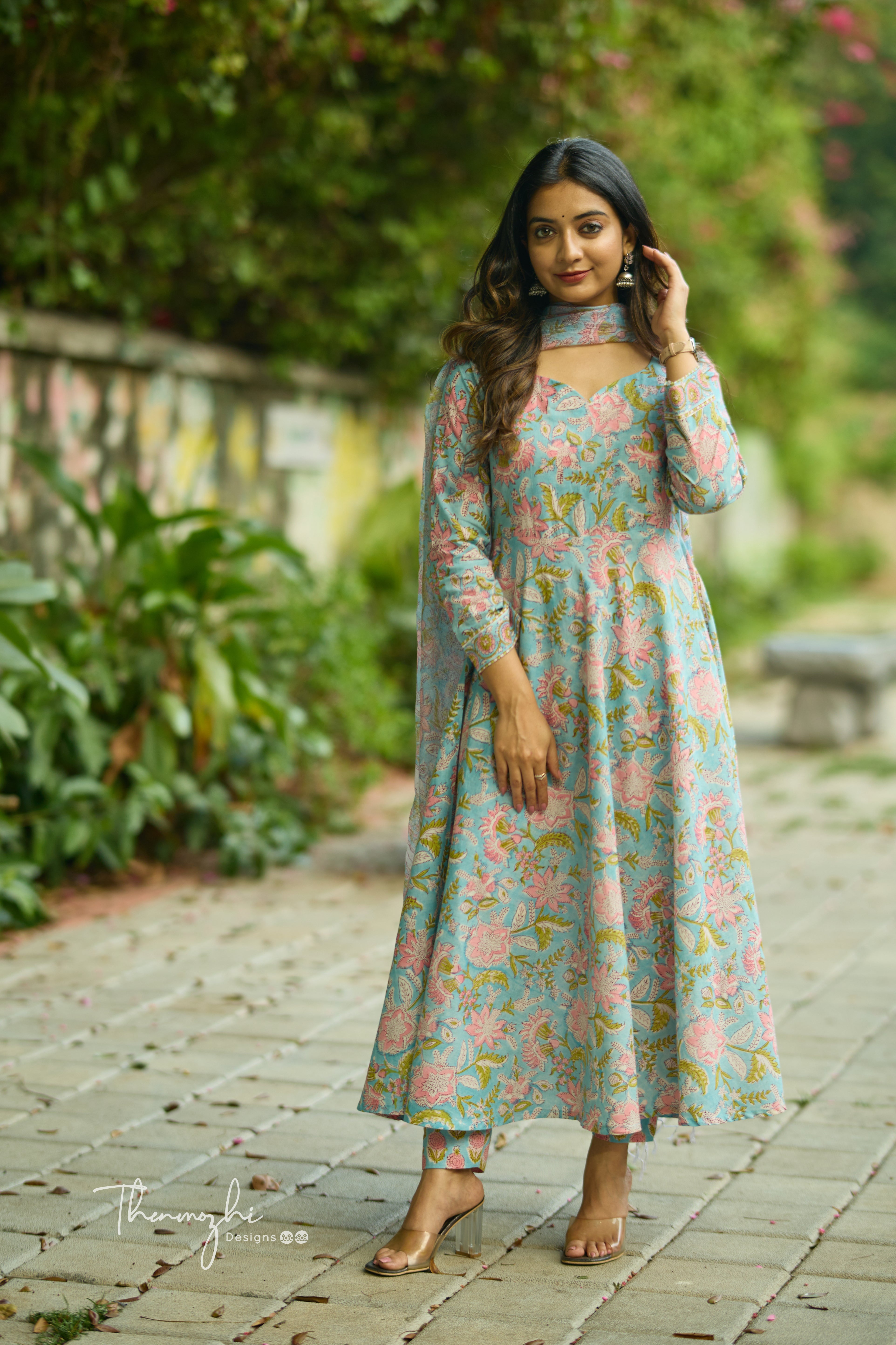 Sky Blue Anarkali - Cotton Suit Set With kota Dupatta