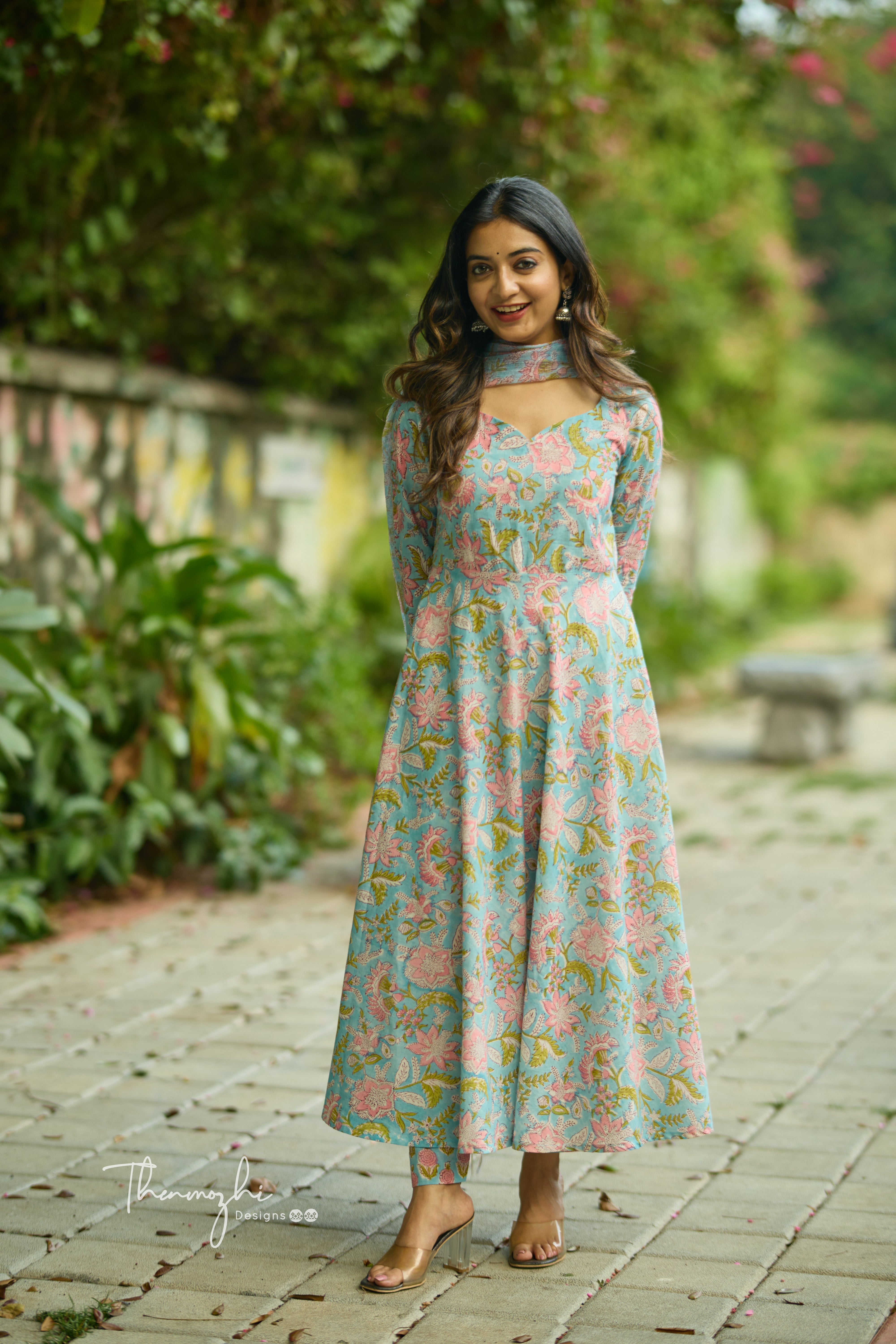 Sky Blue Anarkali - Cotton Suit Set with Kota Dupatta