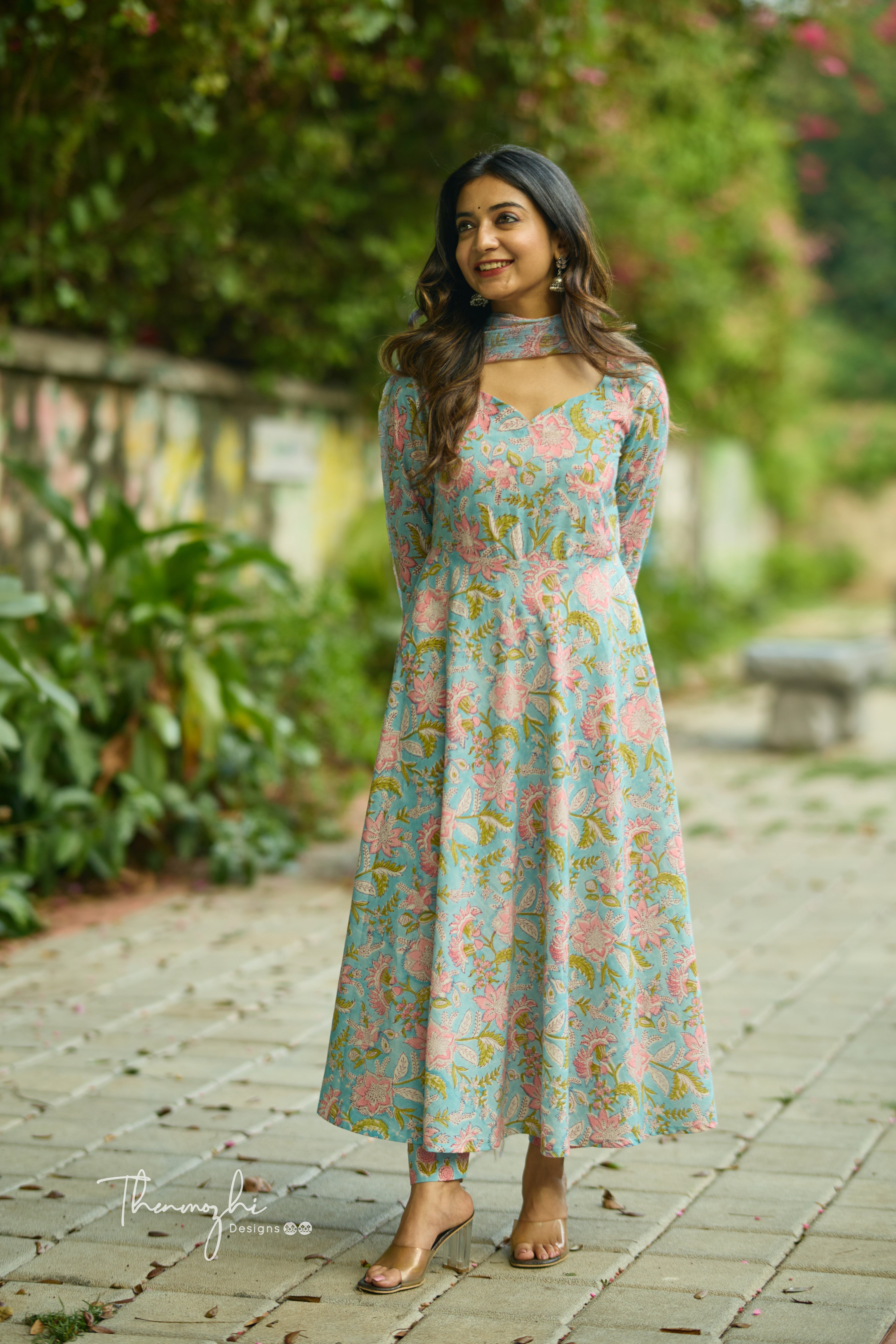 Sky Blue Anarkali - Cotton Suit Set with Kota Dupatta