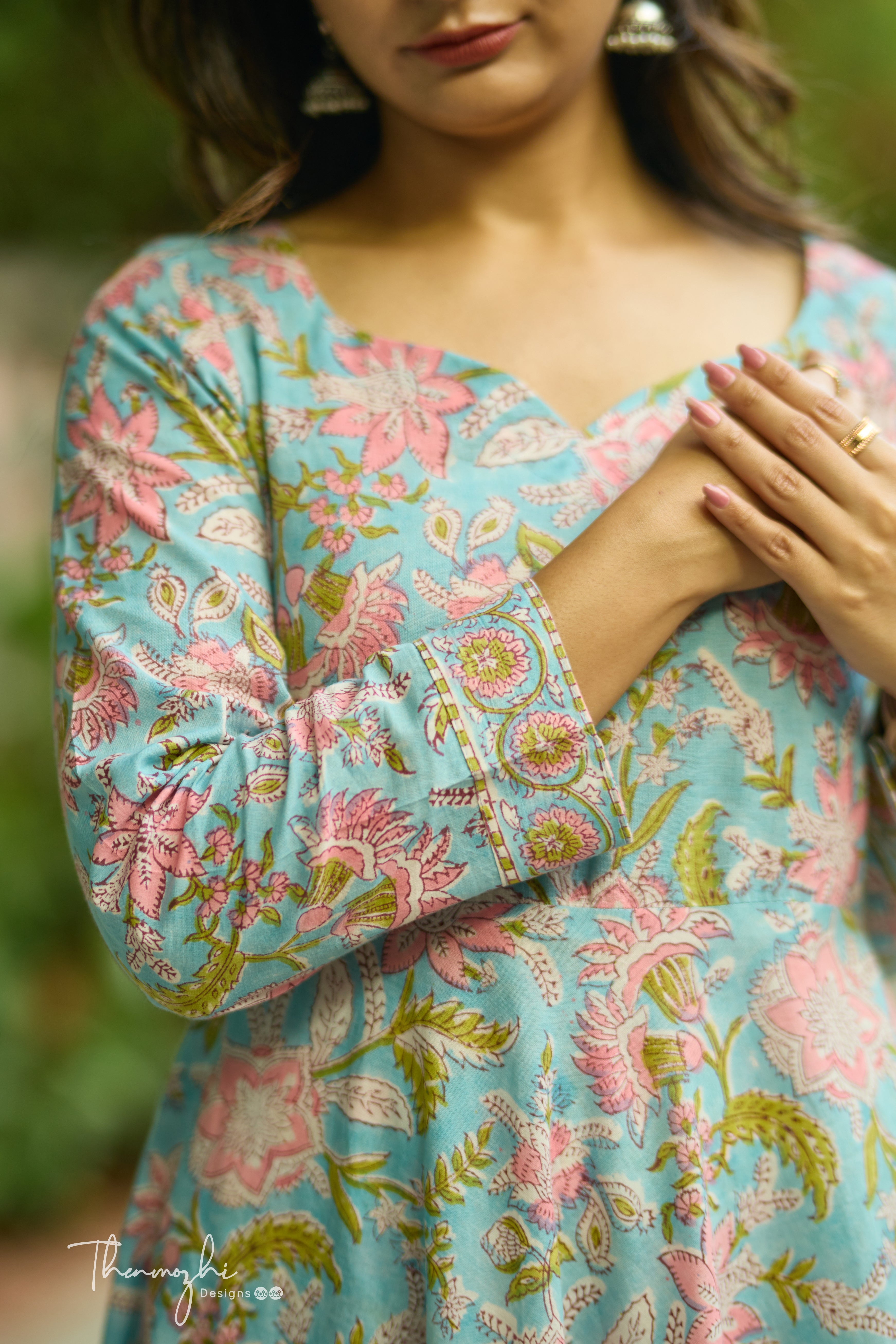 Sky Blue Anarkali - Cotton Suit Set with Kota Dupatta