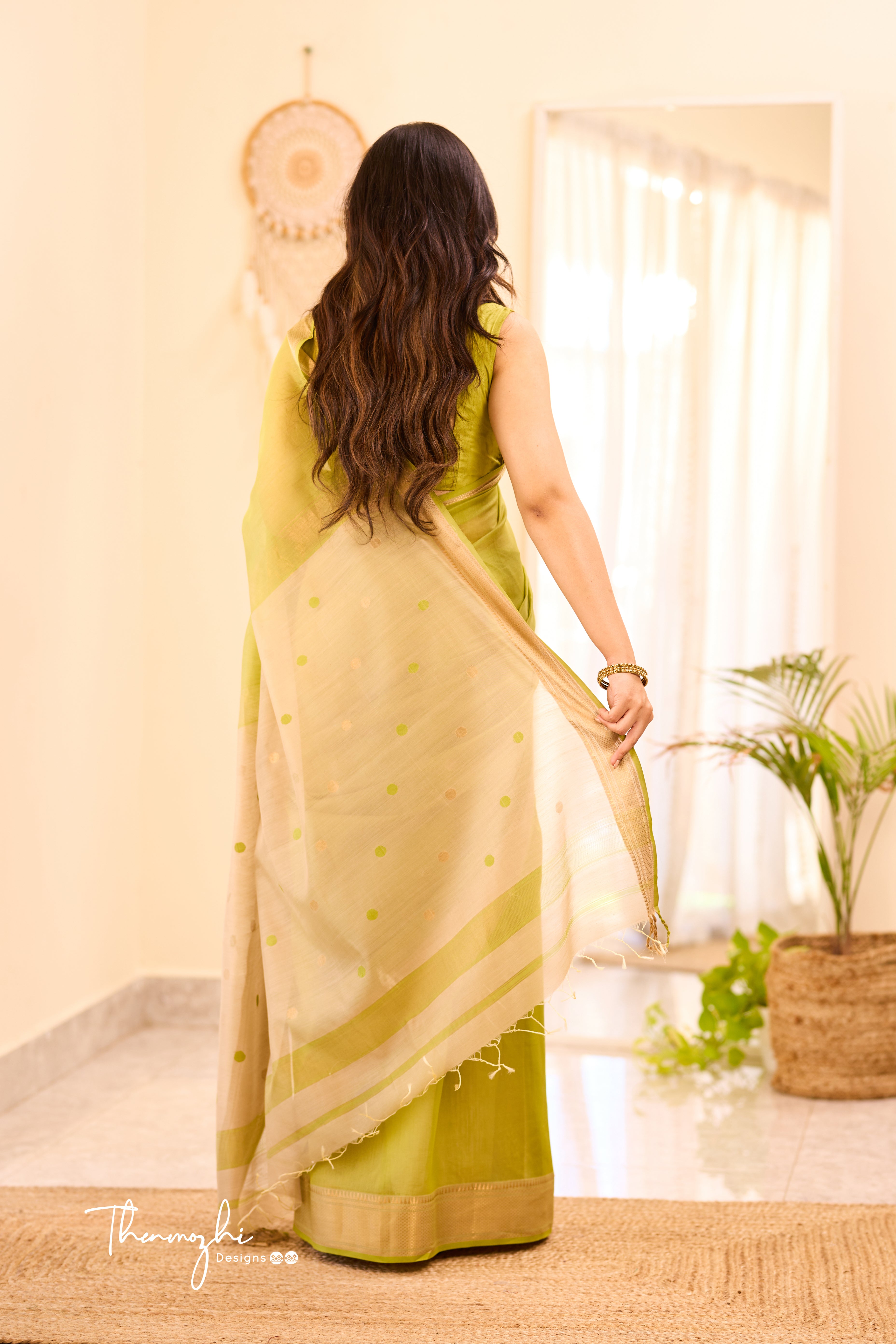 Light Green Maheshwari Silk Cotton Handloom Saree