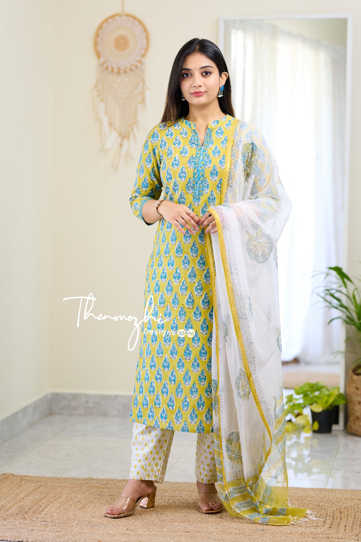 Sanya - Blue Cotton Suit Set With Kota Dupatta