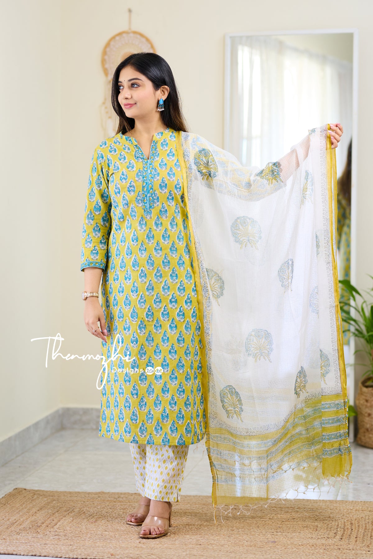 Sanya - Blue Cotton Suit Set With Kota Dupatta