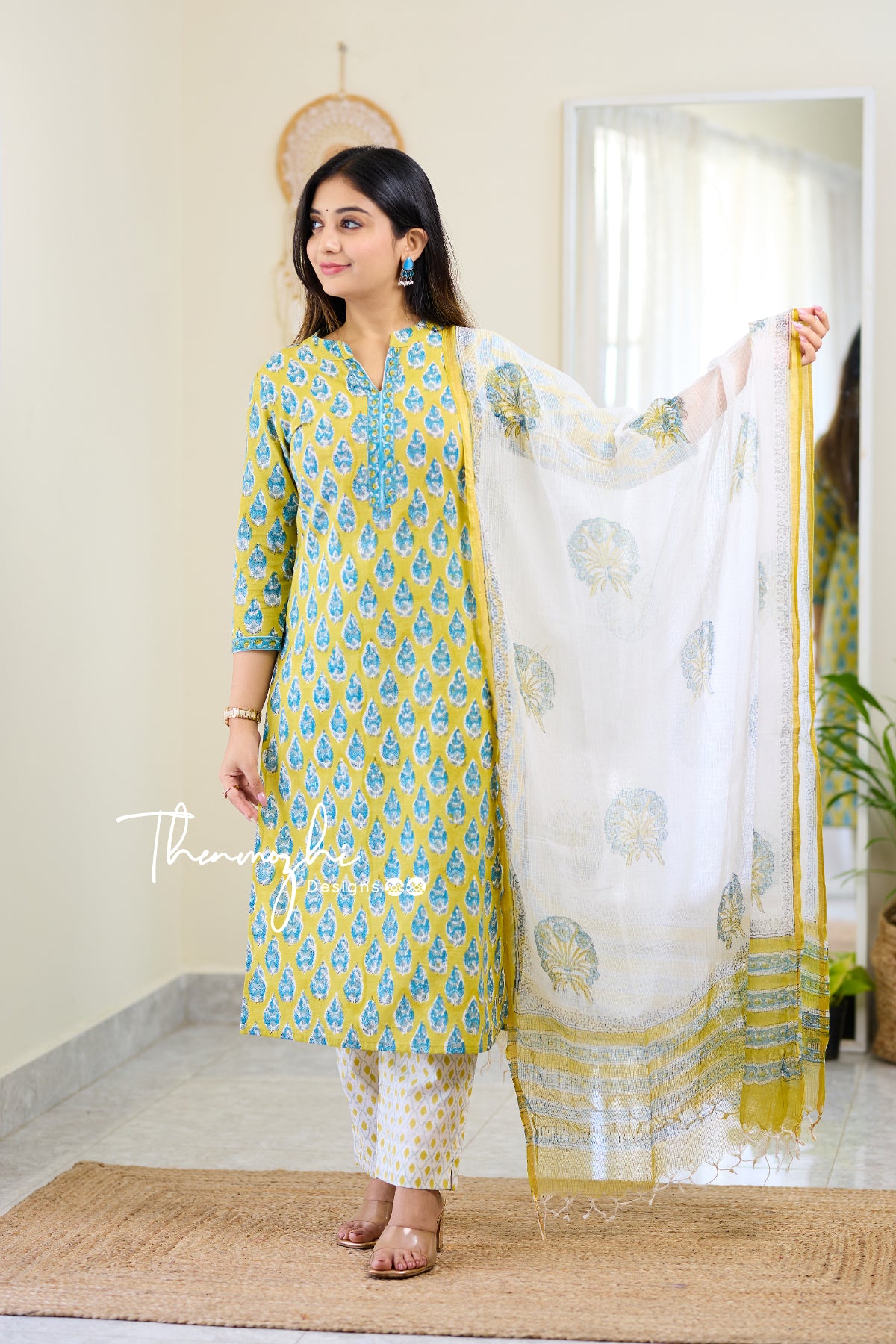 Sanya - Blue Cotton Suit Set With Kota Dupatta