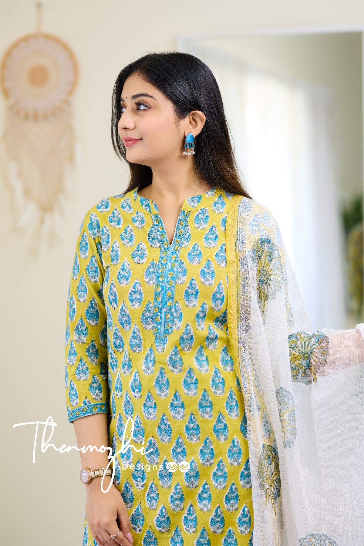 Sanya - Blue Cotton Suit Set With Kota Dupatta