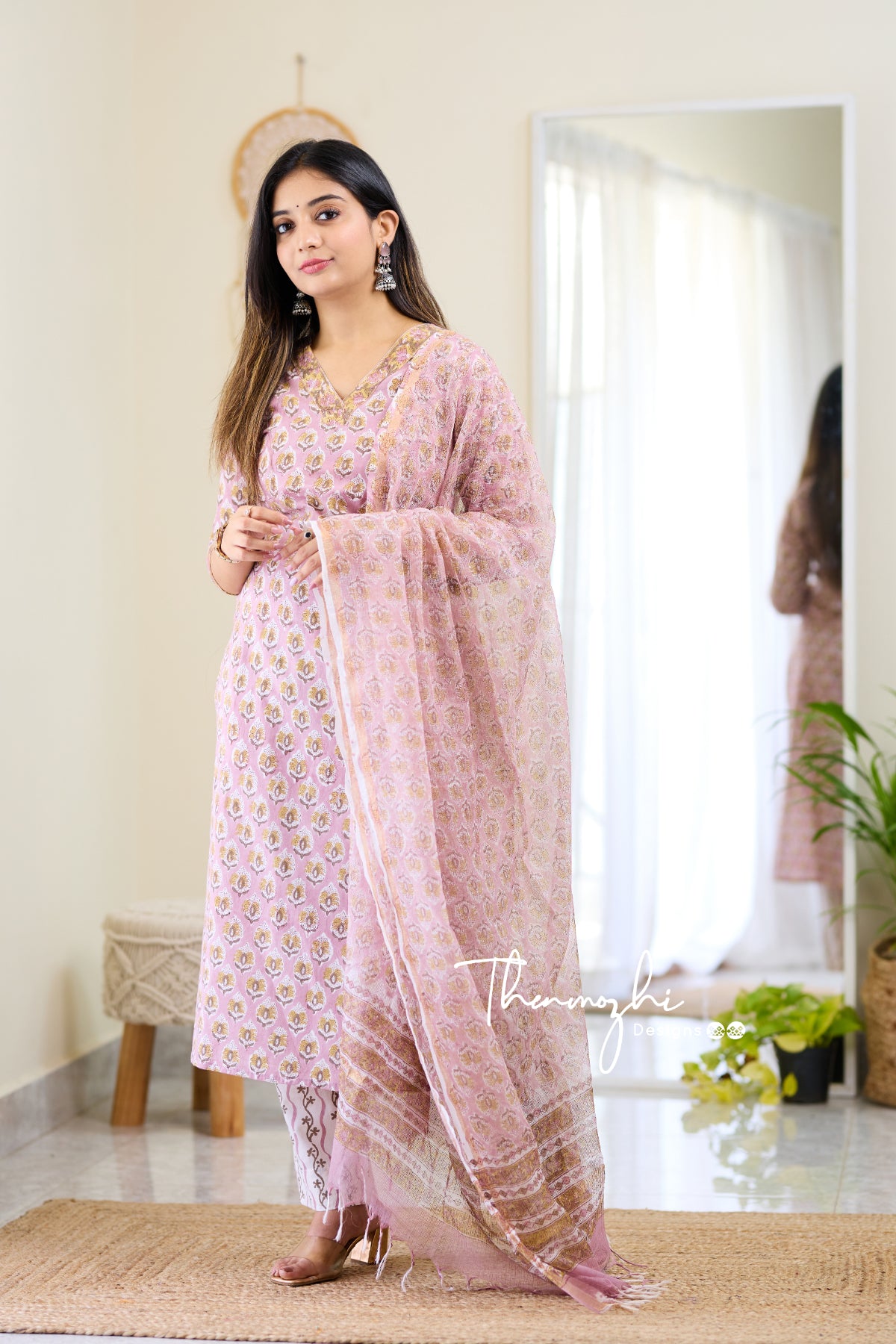 Laila - Pink Cotton Suit Set With Kota Dupatta