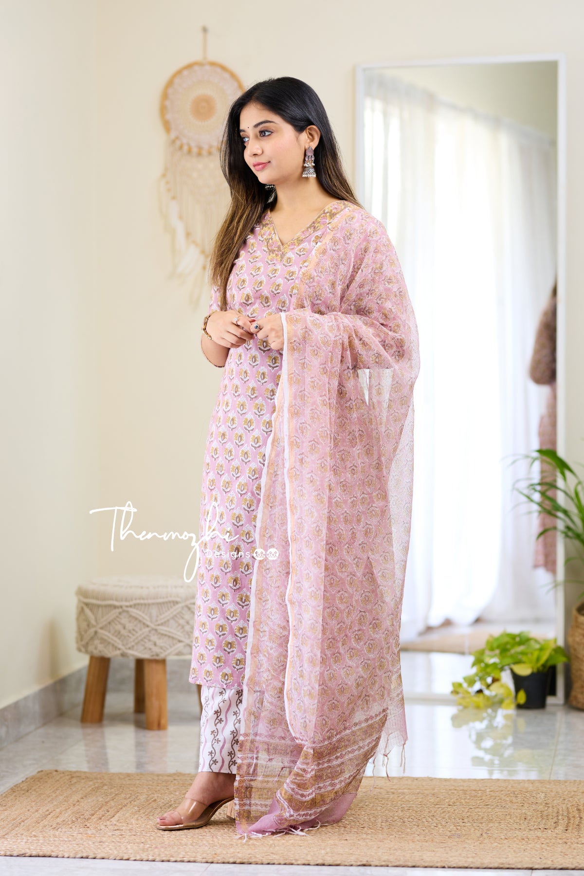Laila - Pink Cotton Suit Set With Kota Dupatta