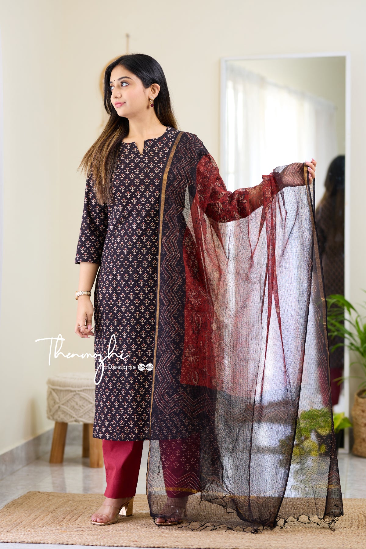 Kushi - Black Cotton Suit Set With Kota Dupatta