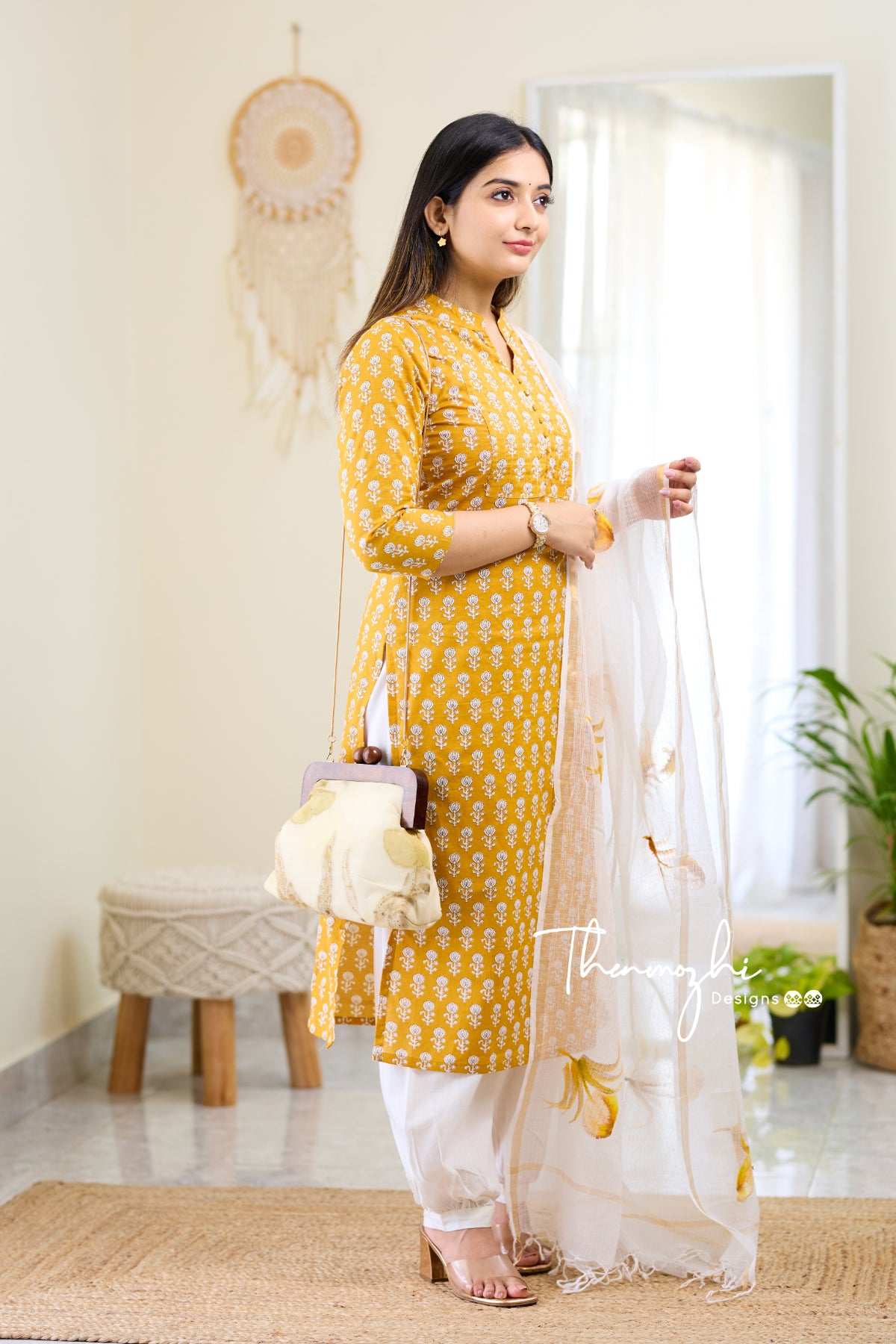 Alona - Yellow Cotton Suit Set With Kota Dupatta