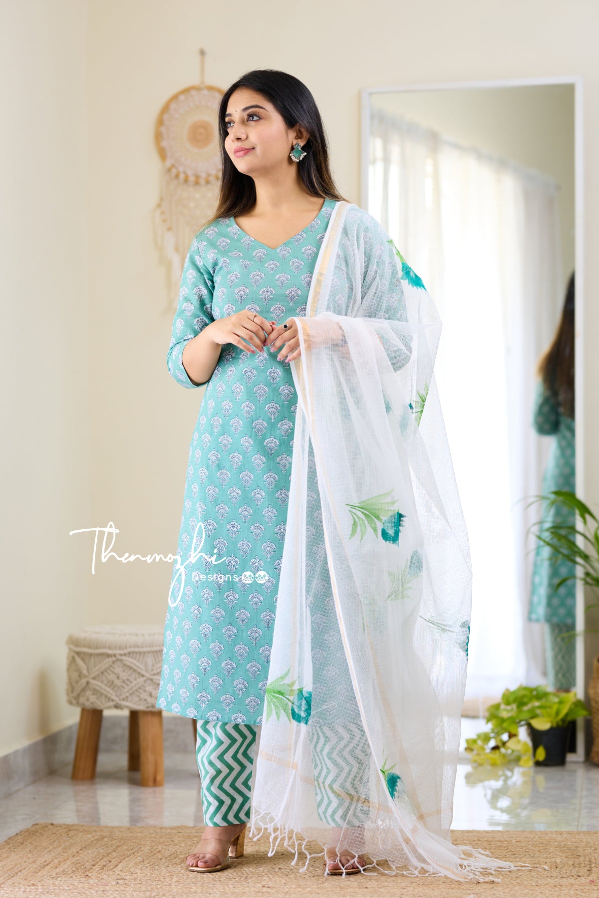 Kanishka - Green Cotton Suit Set With Kota Dupatta