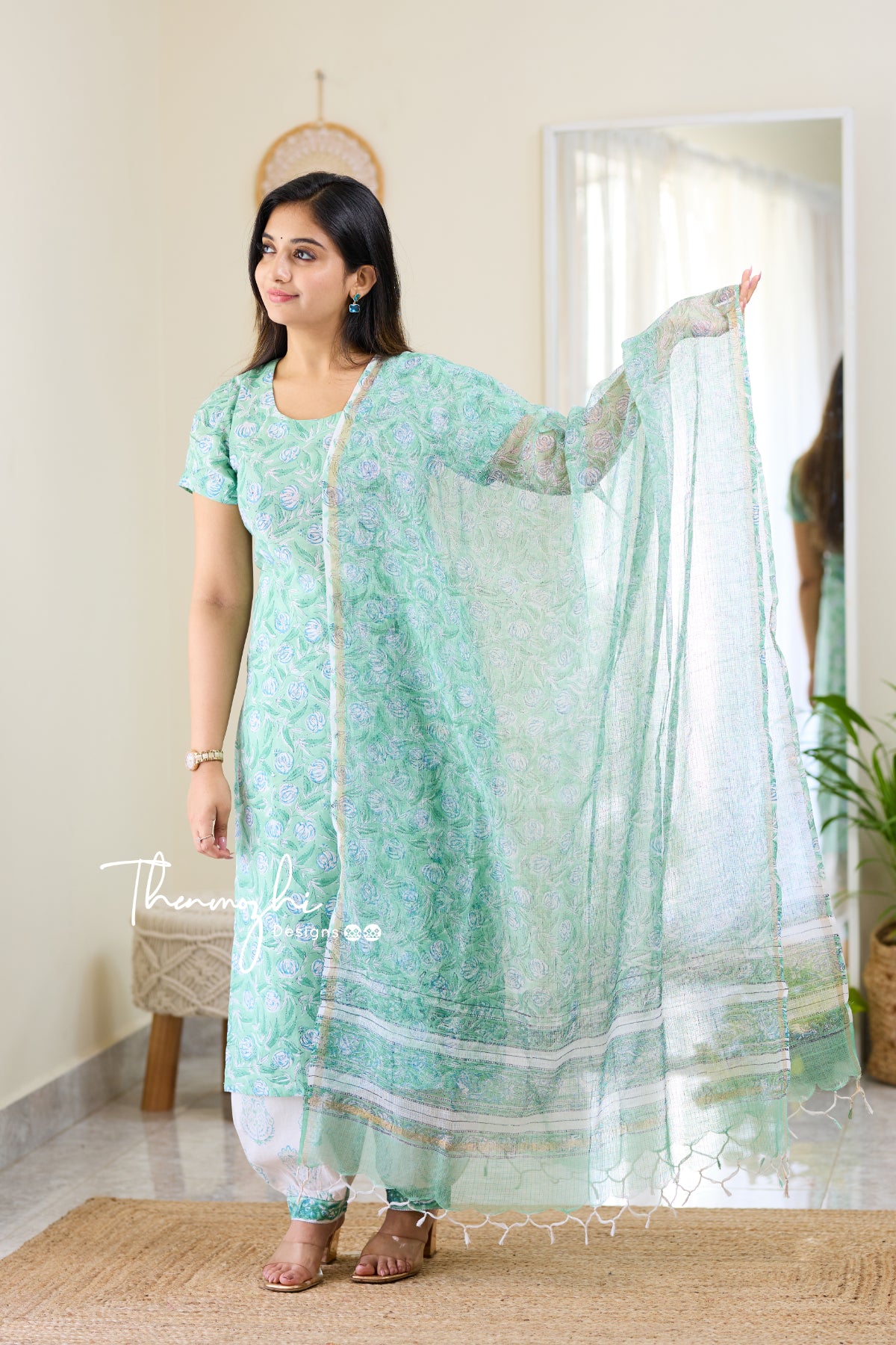 Niharika - Green Cotton Suit Set With Kota Dupatta