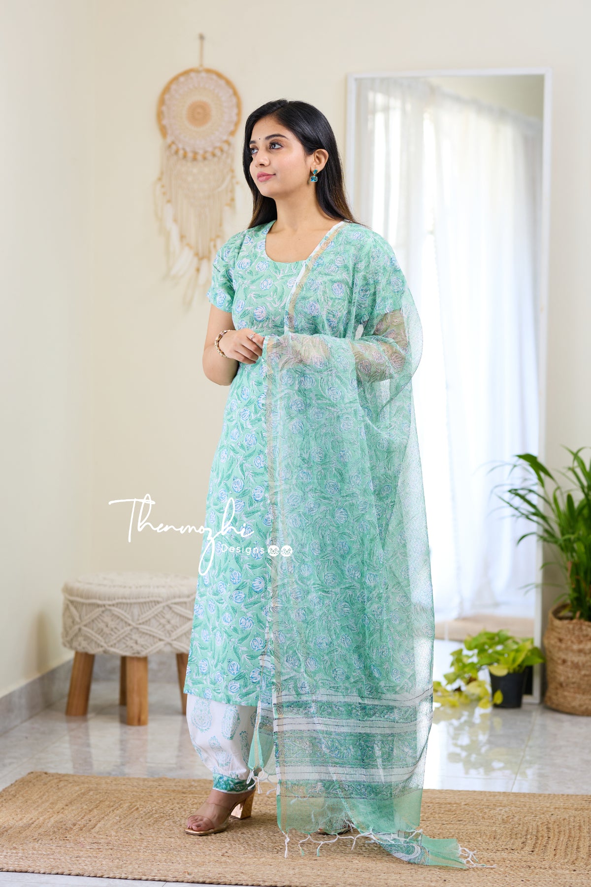 Niharika - Green Cotton Suit Set With Kota Dupatta