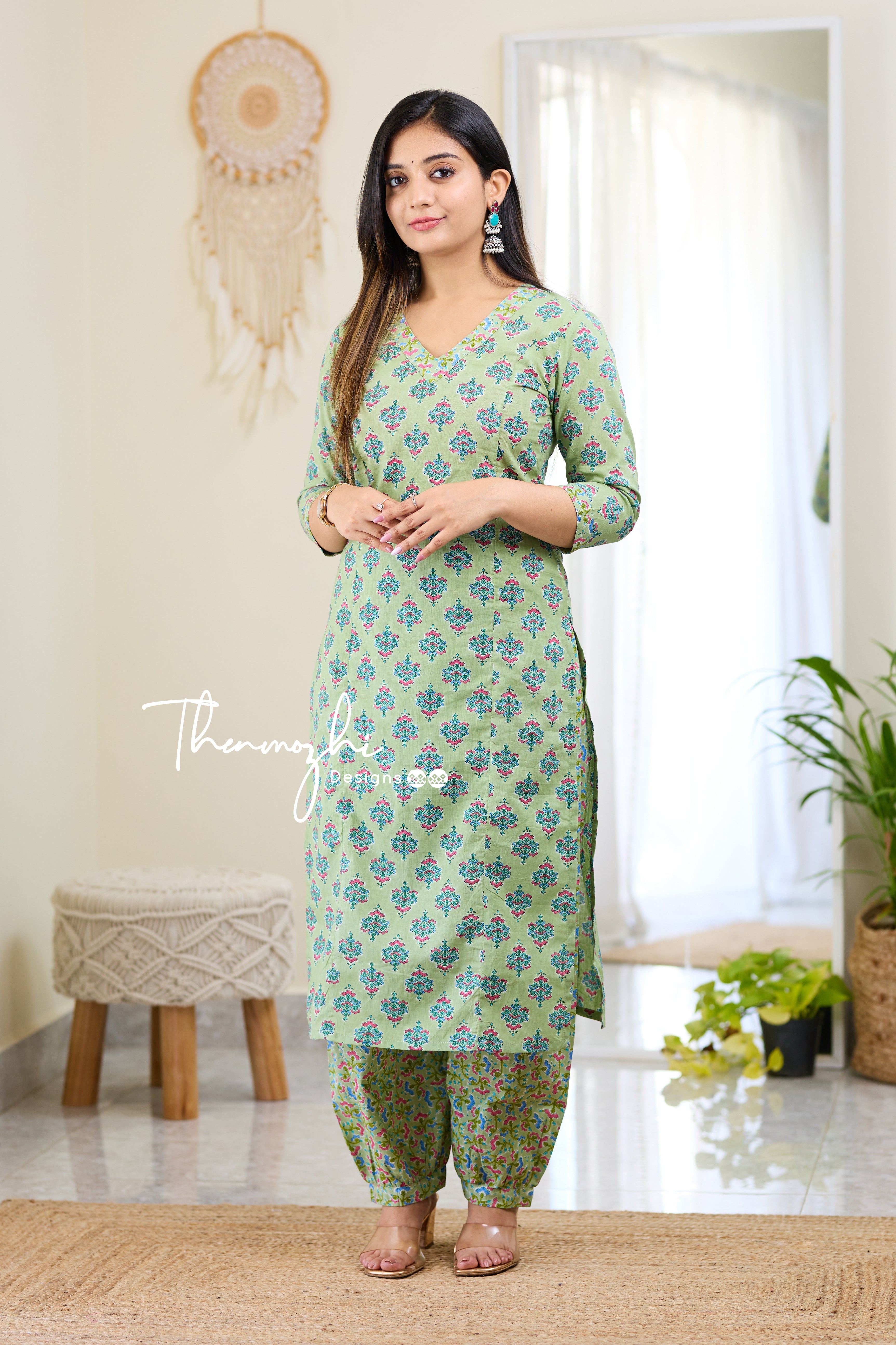Malar - Green Cotton Suit Set with Cotton Dupatta