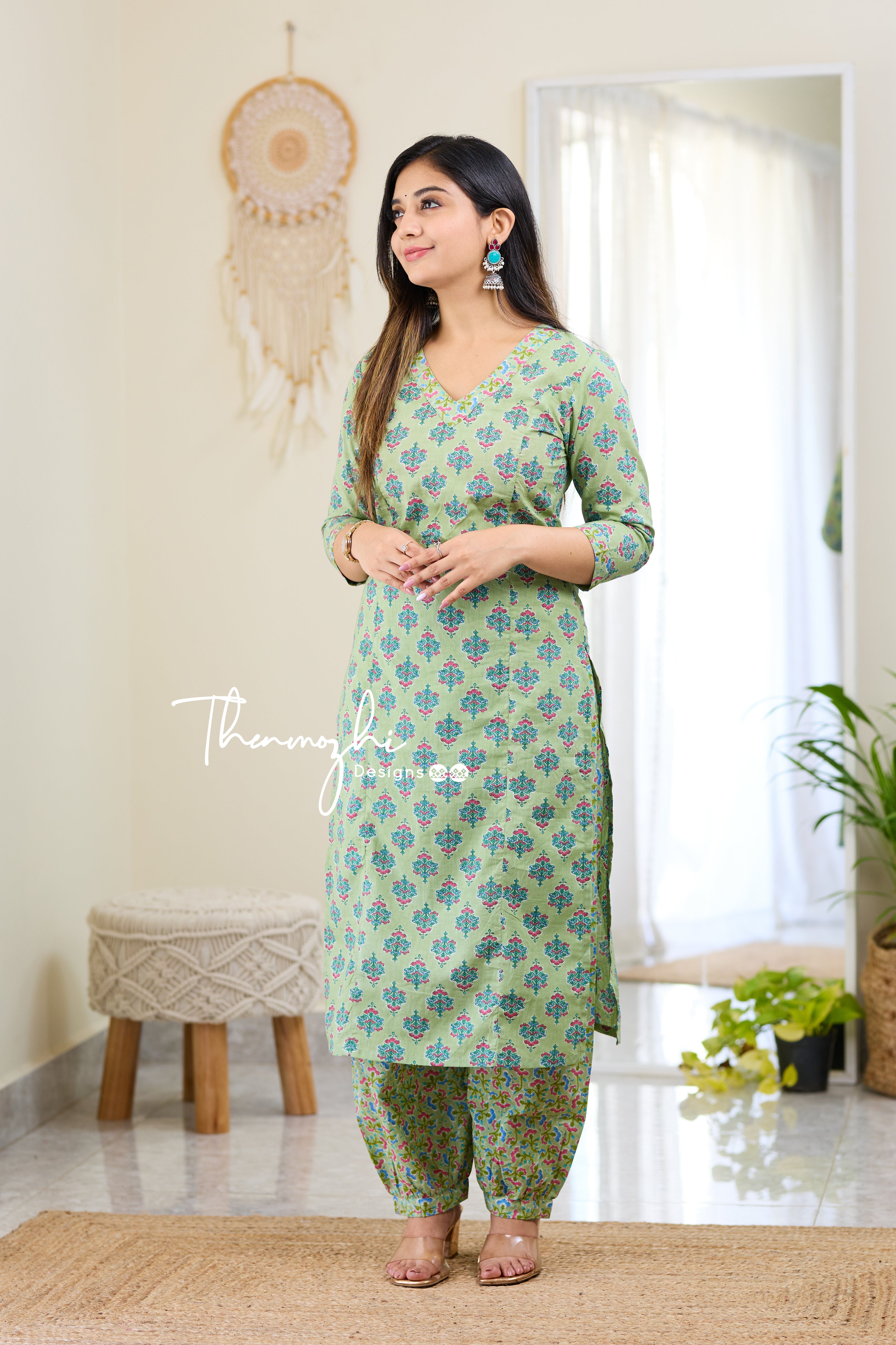 Malar - Green Cotton Suit Set with Cotton Dupatta