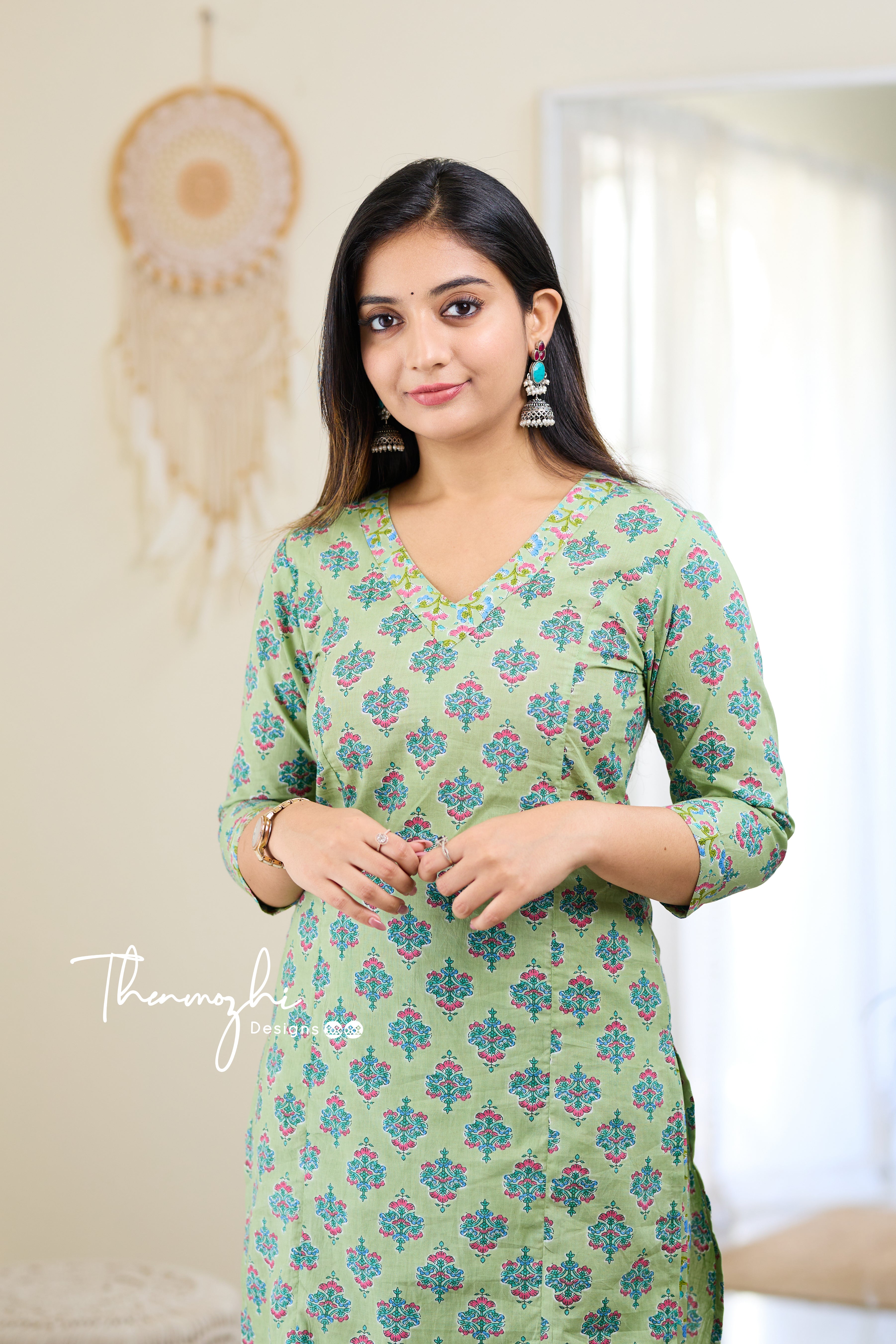 Malar - Green Cotton Suit Set with Cotton Dupatta