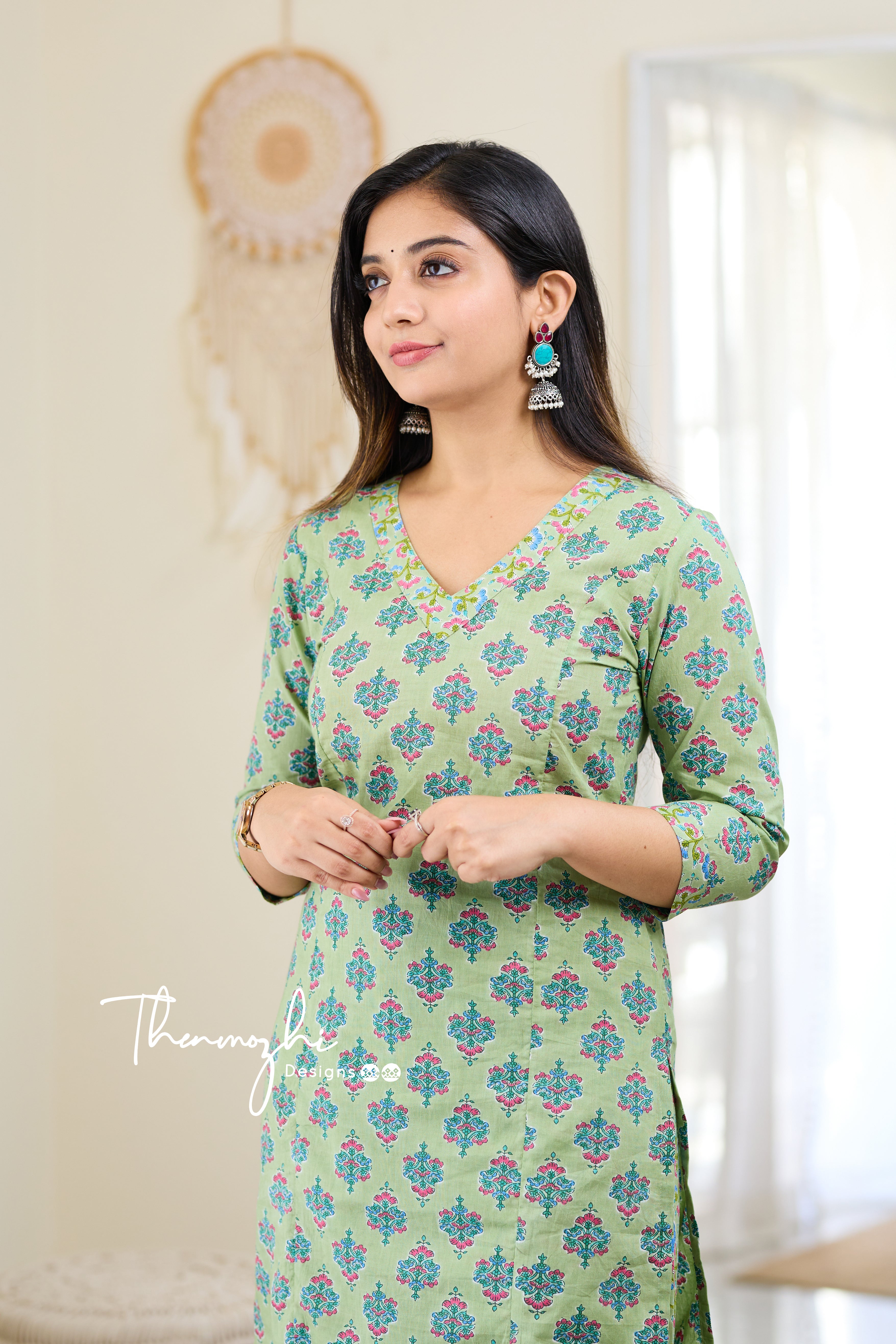 Malar - Green Cotton Suit Set with Cotton Dupatta