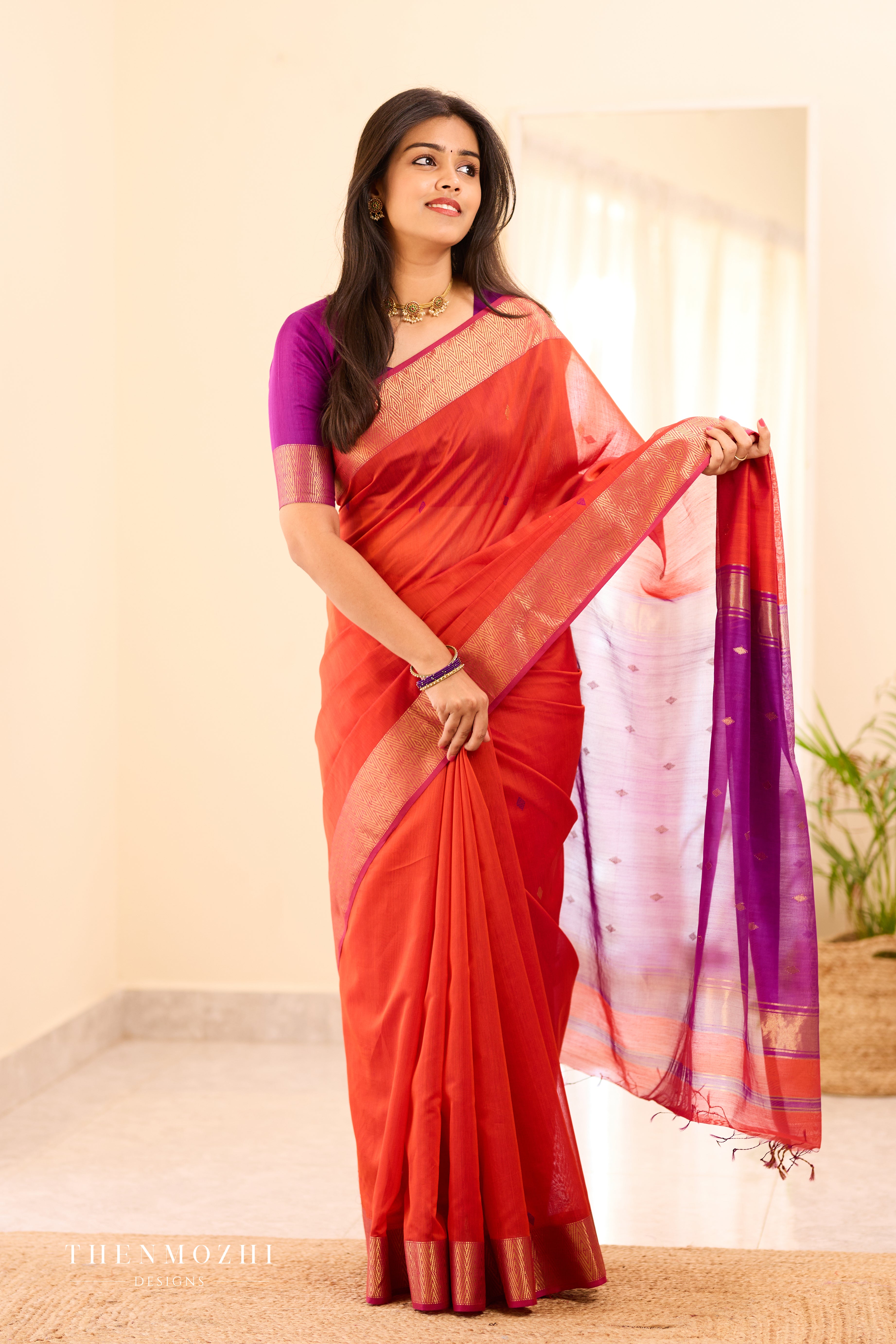 Orange and Purple Maheshwari Silk Cotton Handloom Saree