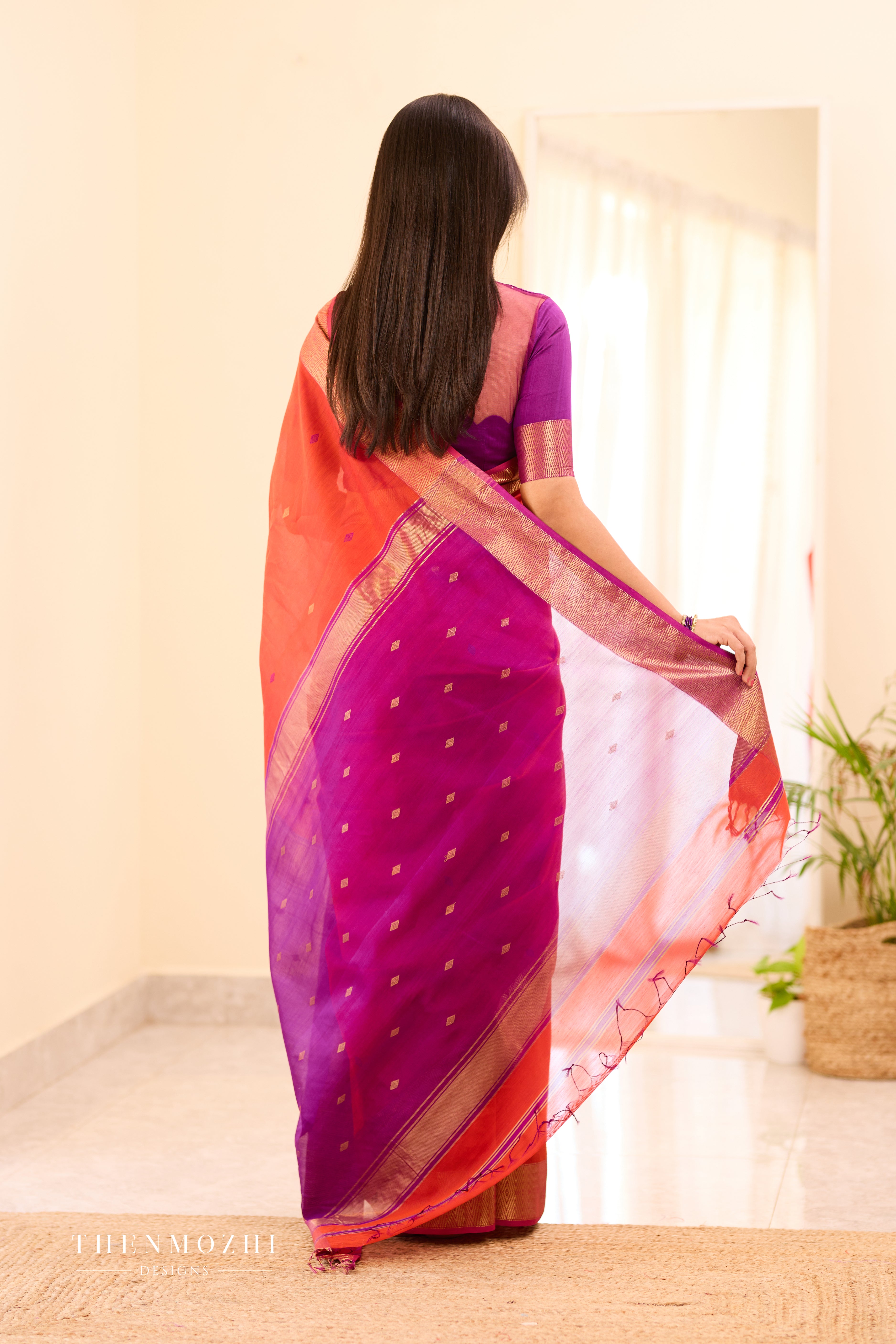 Orange and Purple Maheshwari Silk Cotton Handloom Saree