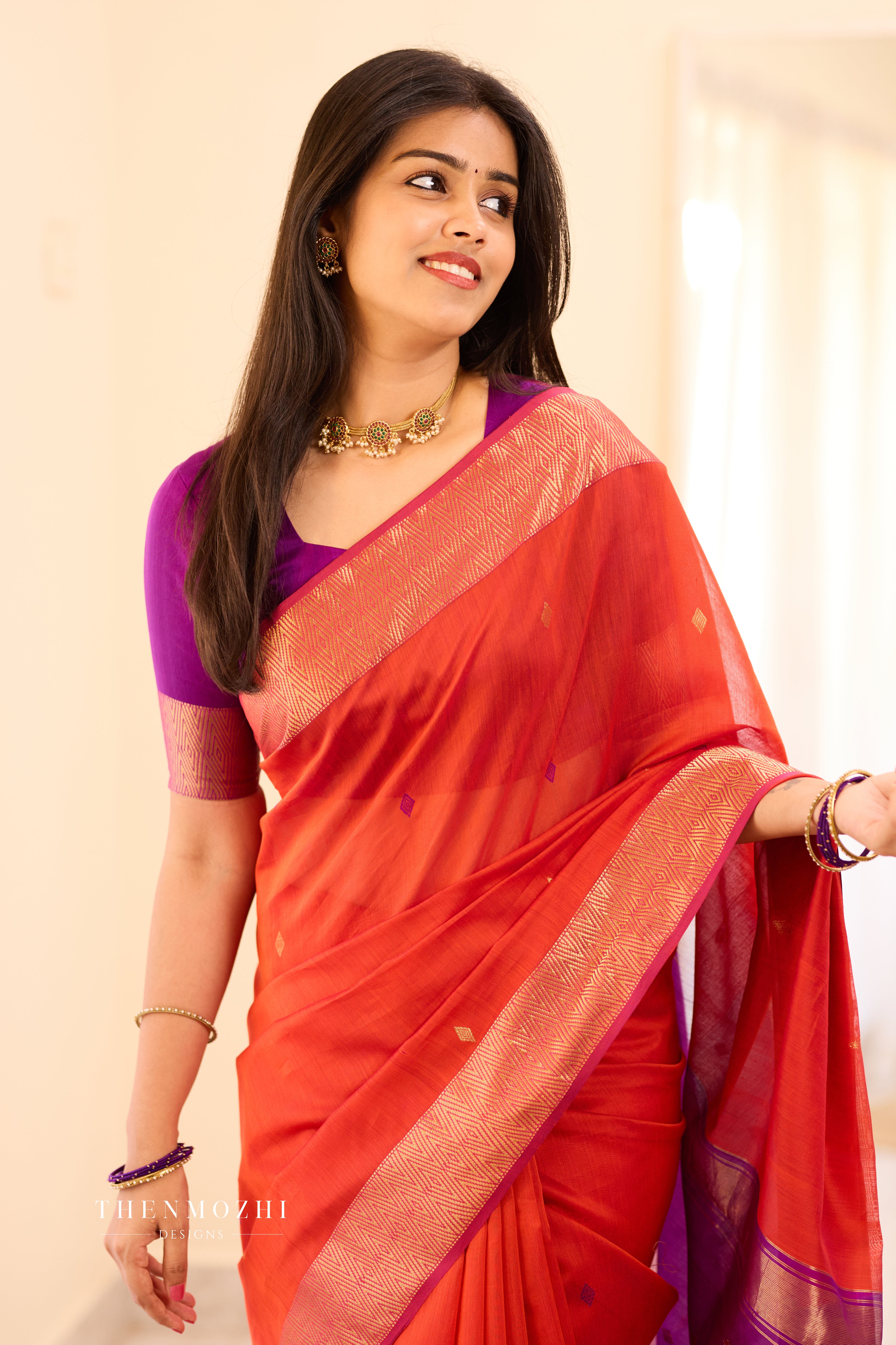 Orange and Purple Maheshwari Silk Cotton Handloom Saree