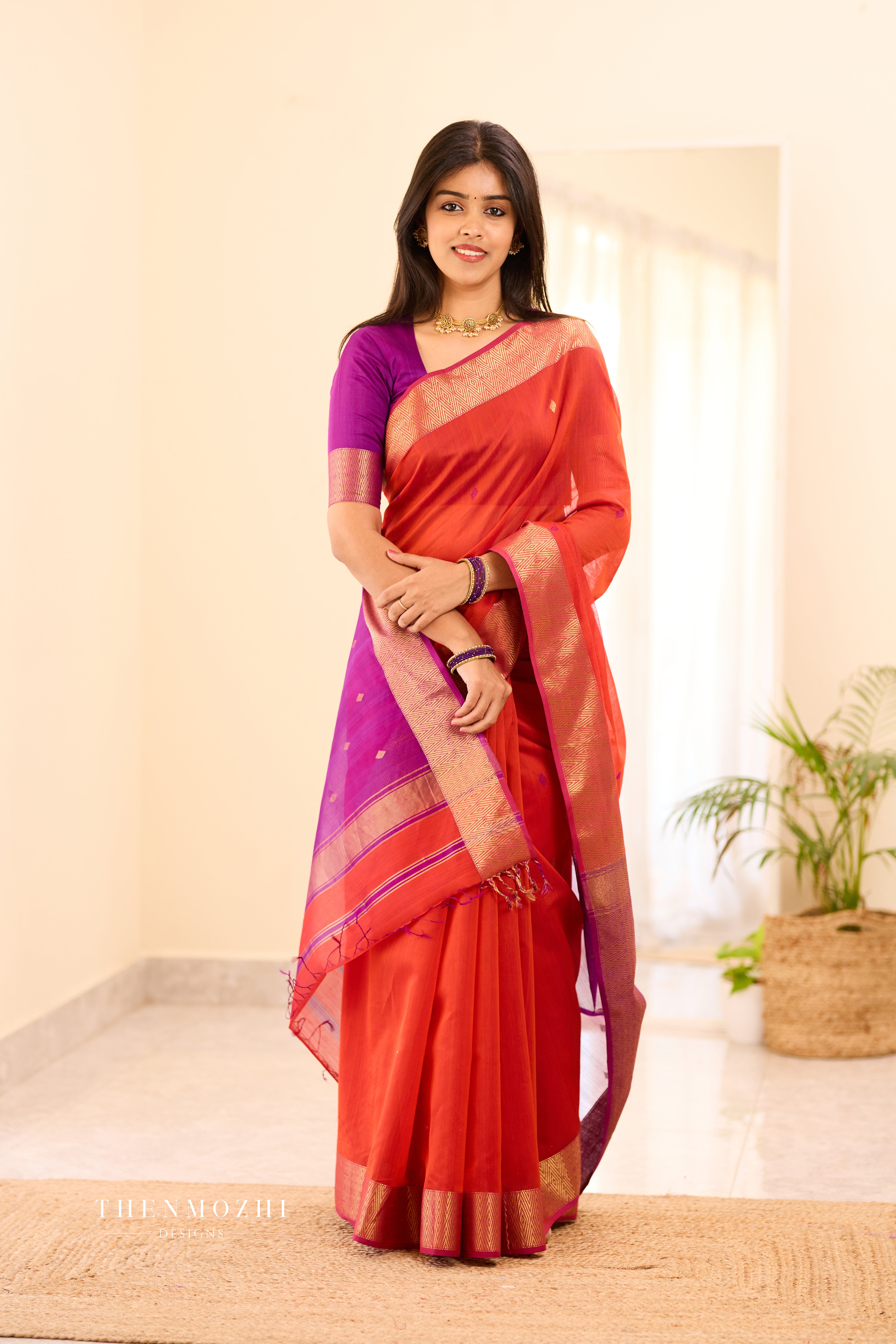 Orange and Purple Maheshwari Silk Cotton Handloom Saree